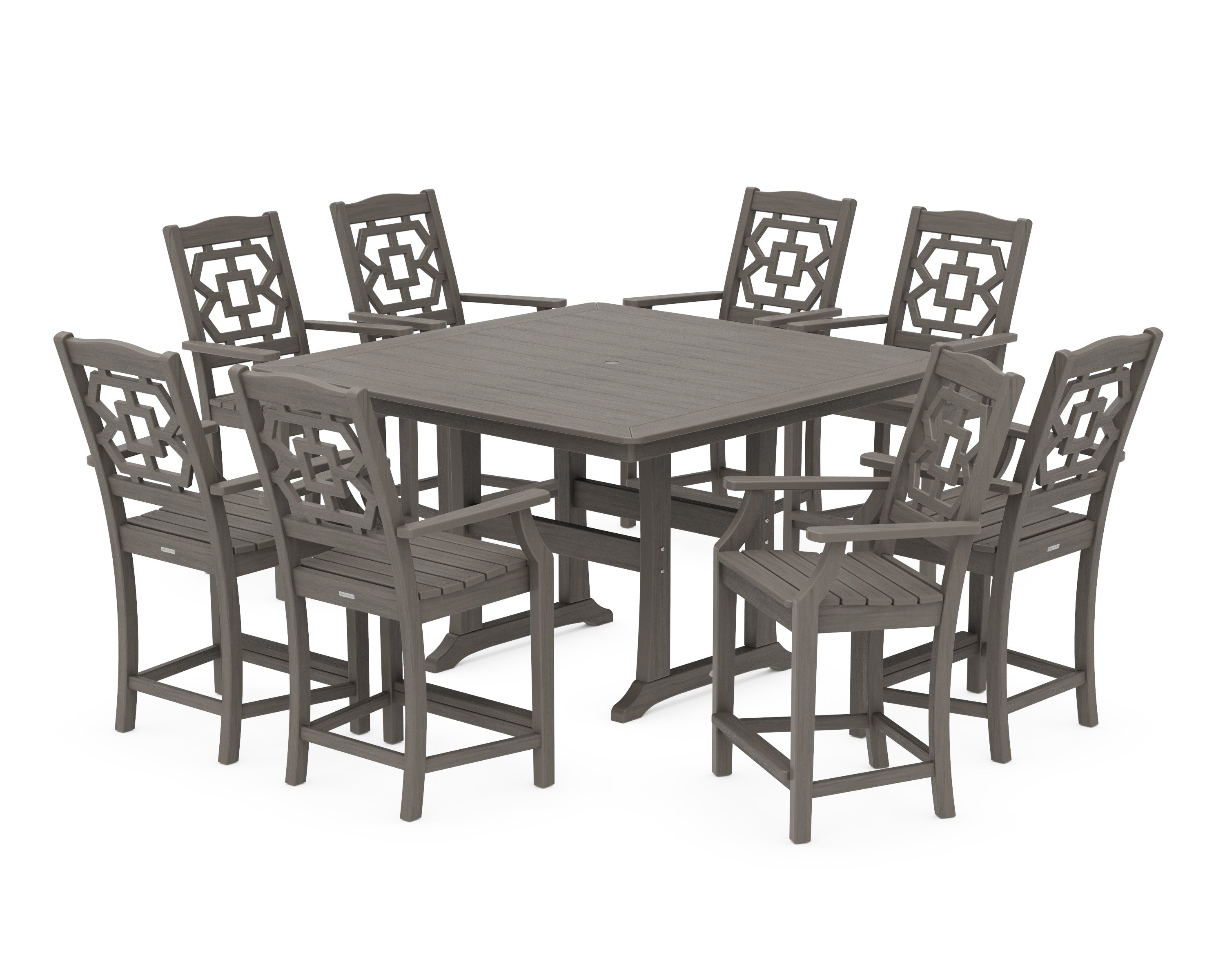 Chinoiserie 9-Piece Square Counter Set with Trestle Legs in Driftwood