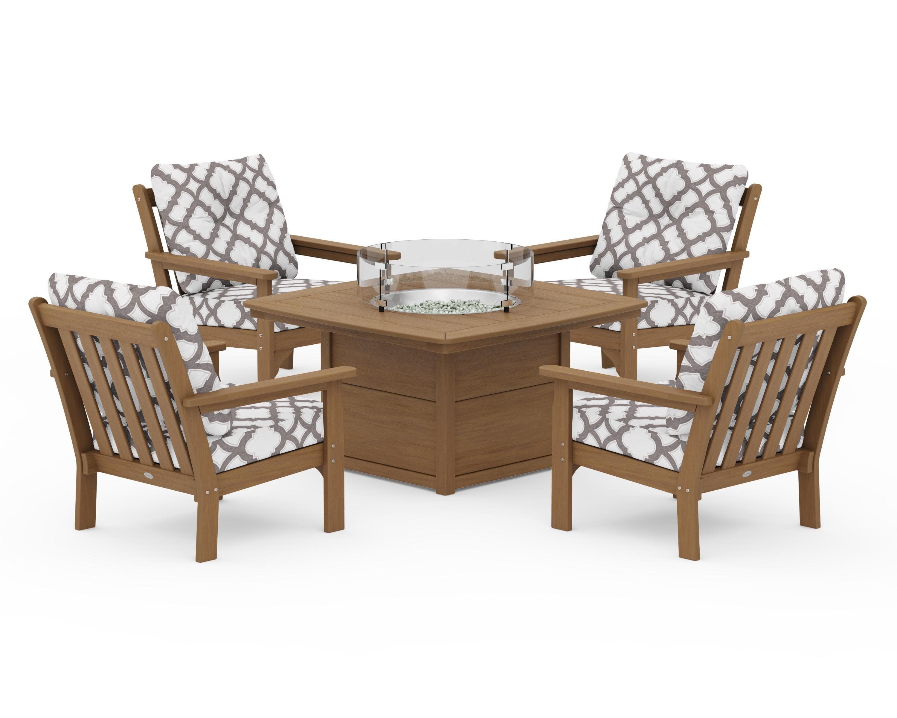 Vineyard 5-Piece Conversation Set with Fire Pit Table in Natural / Trellis Grey Mist