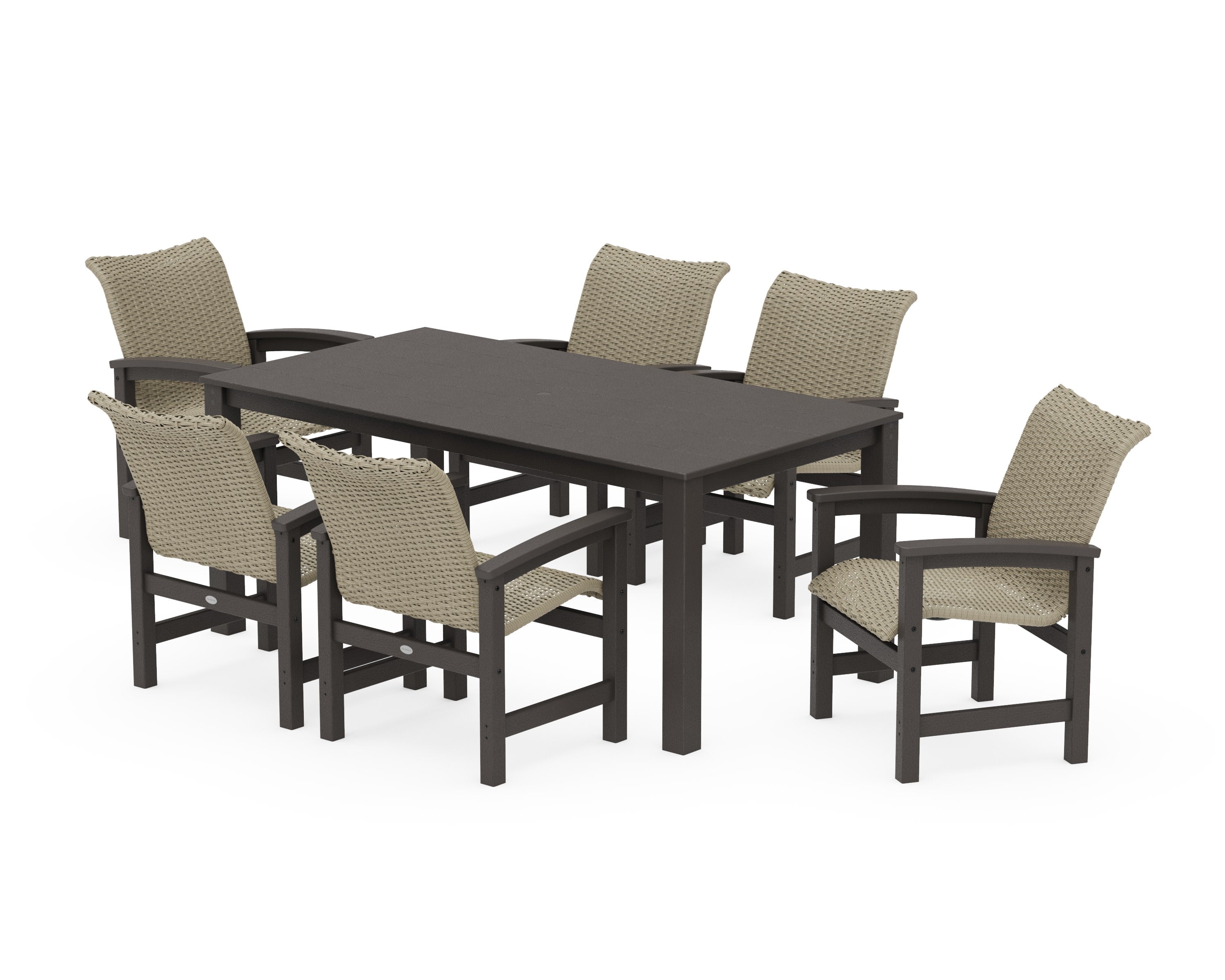 Coastal Woven Arm Chair 7-Piece Parsons Dining Set in Vintage Coffee / Dune Grass