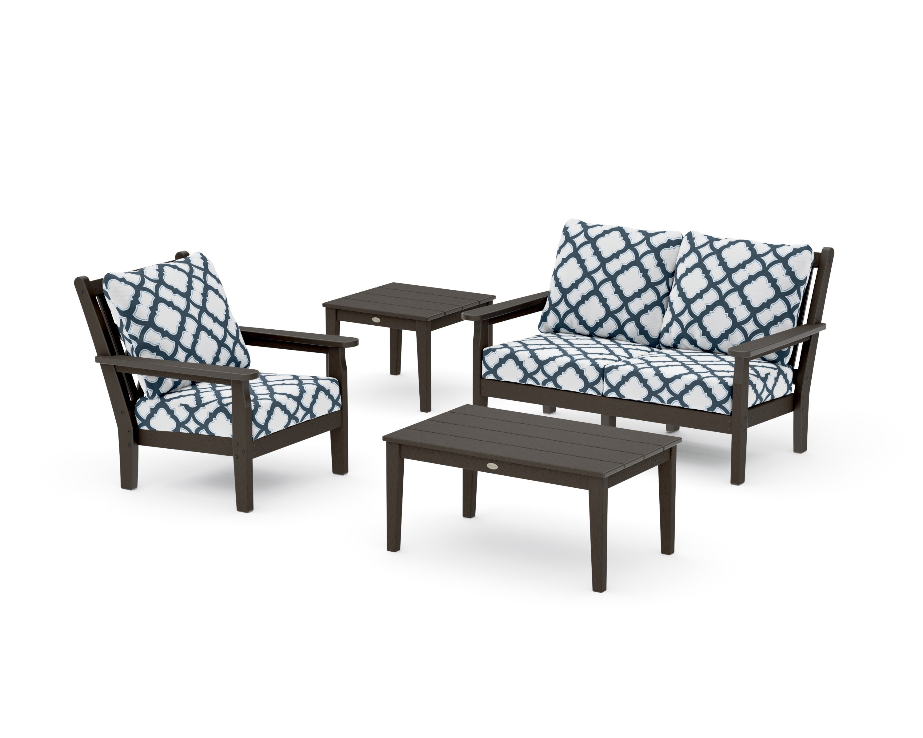 Chippendale 4-Piece Deep Seating Set in Vintage Coffee / Trellis Marine Indigo