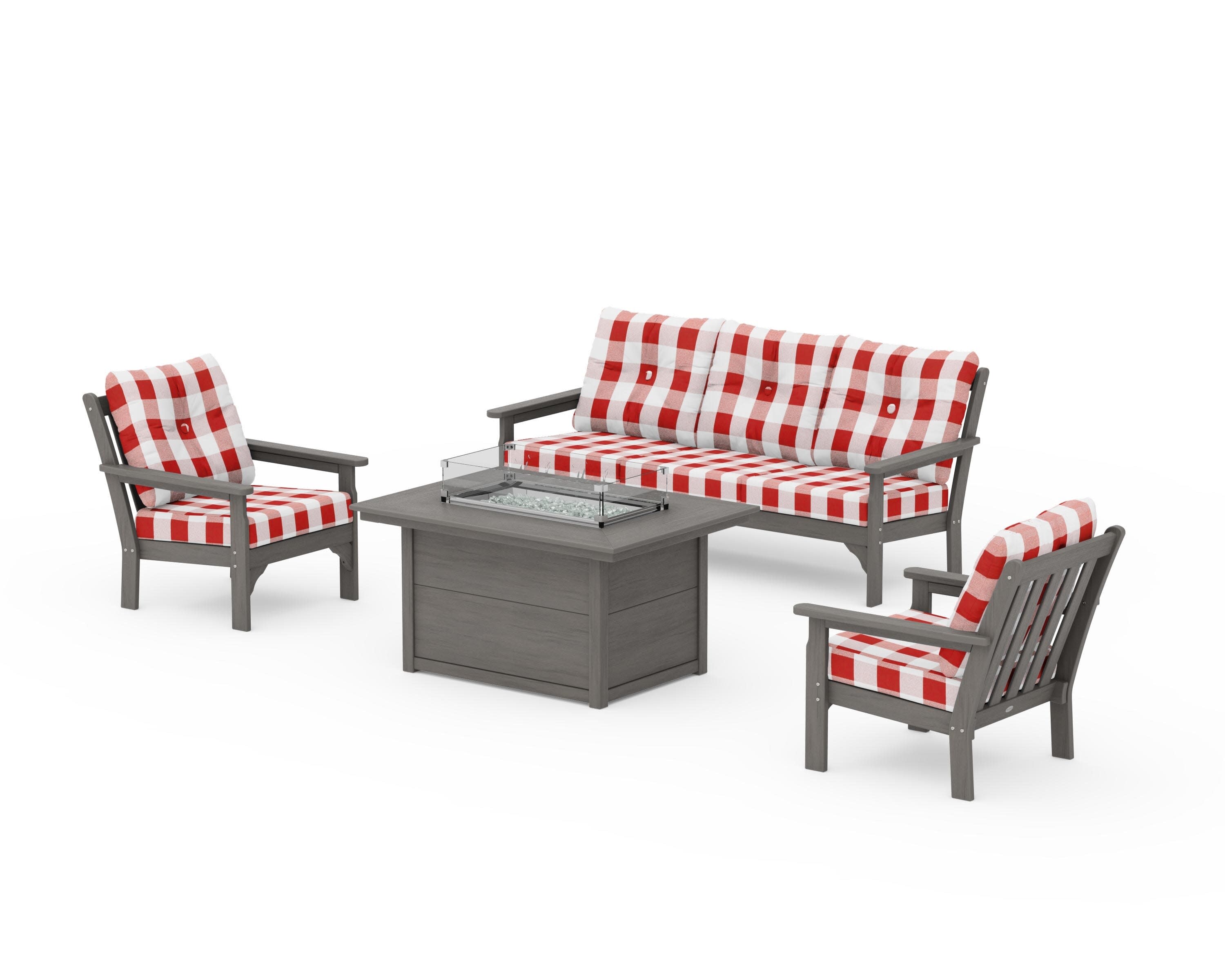 Vineyard Deep Seating Fire Pit Table Set in Driftwood / Buffalo Plaid Crimson