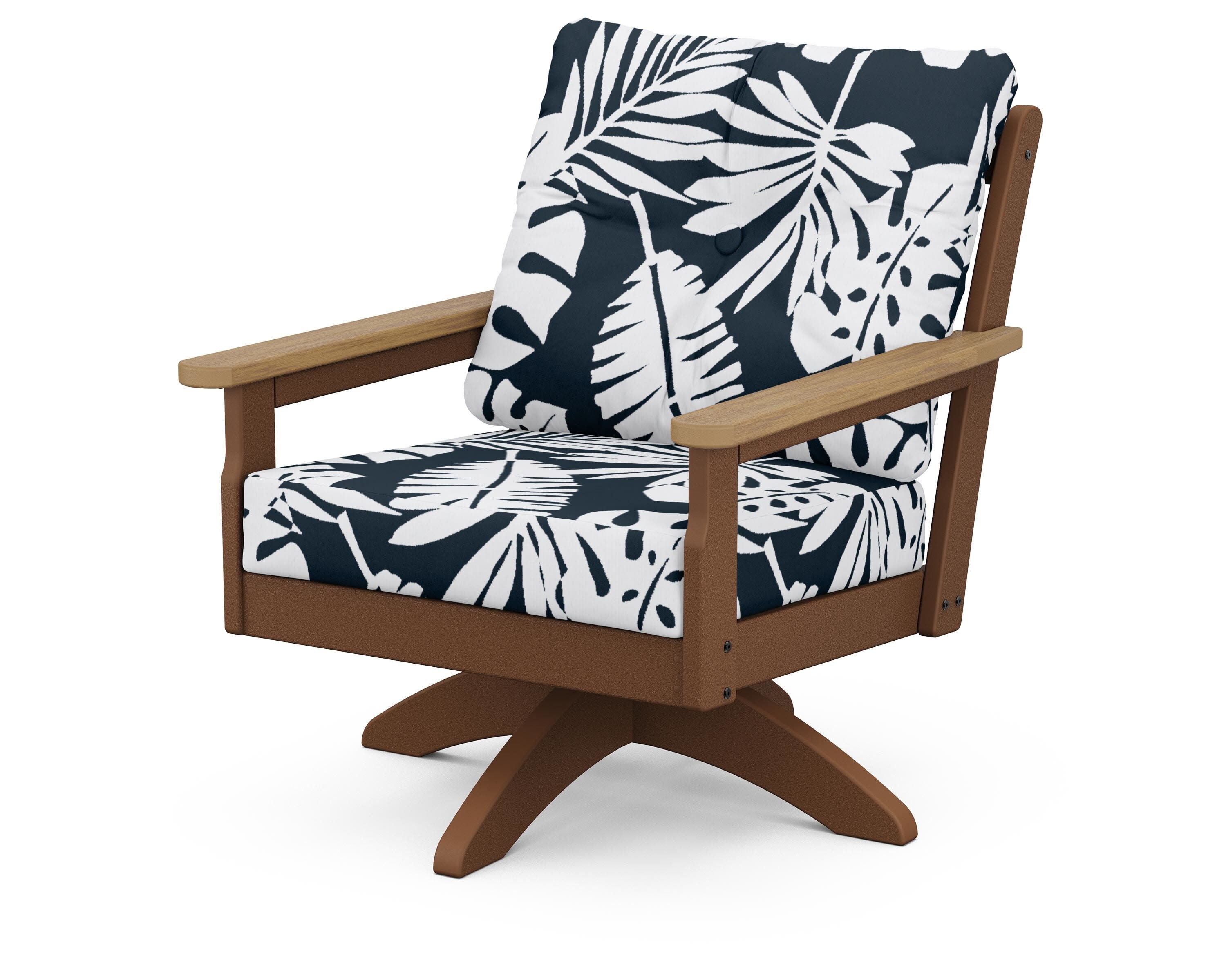 Vineyard Deep Seating Swivel Chair in Teak / Natural / Leaf Marine Indigo
