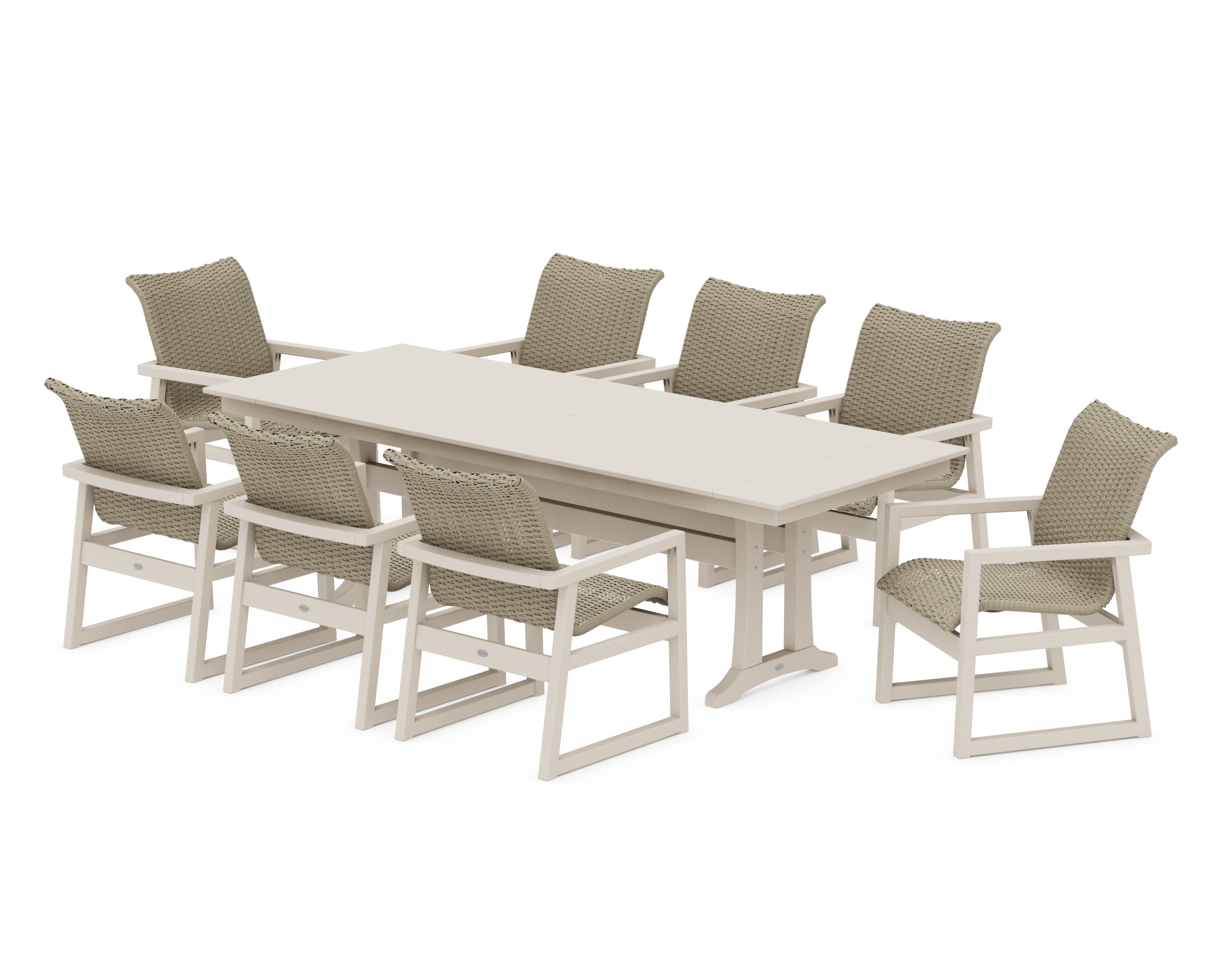 EDGE Woven 9-Piece Farmhouse Dining Set with Trestle Legs in Sand / Dune Grass