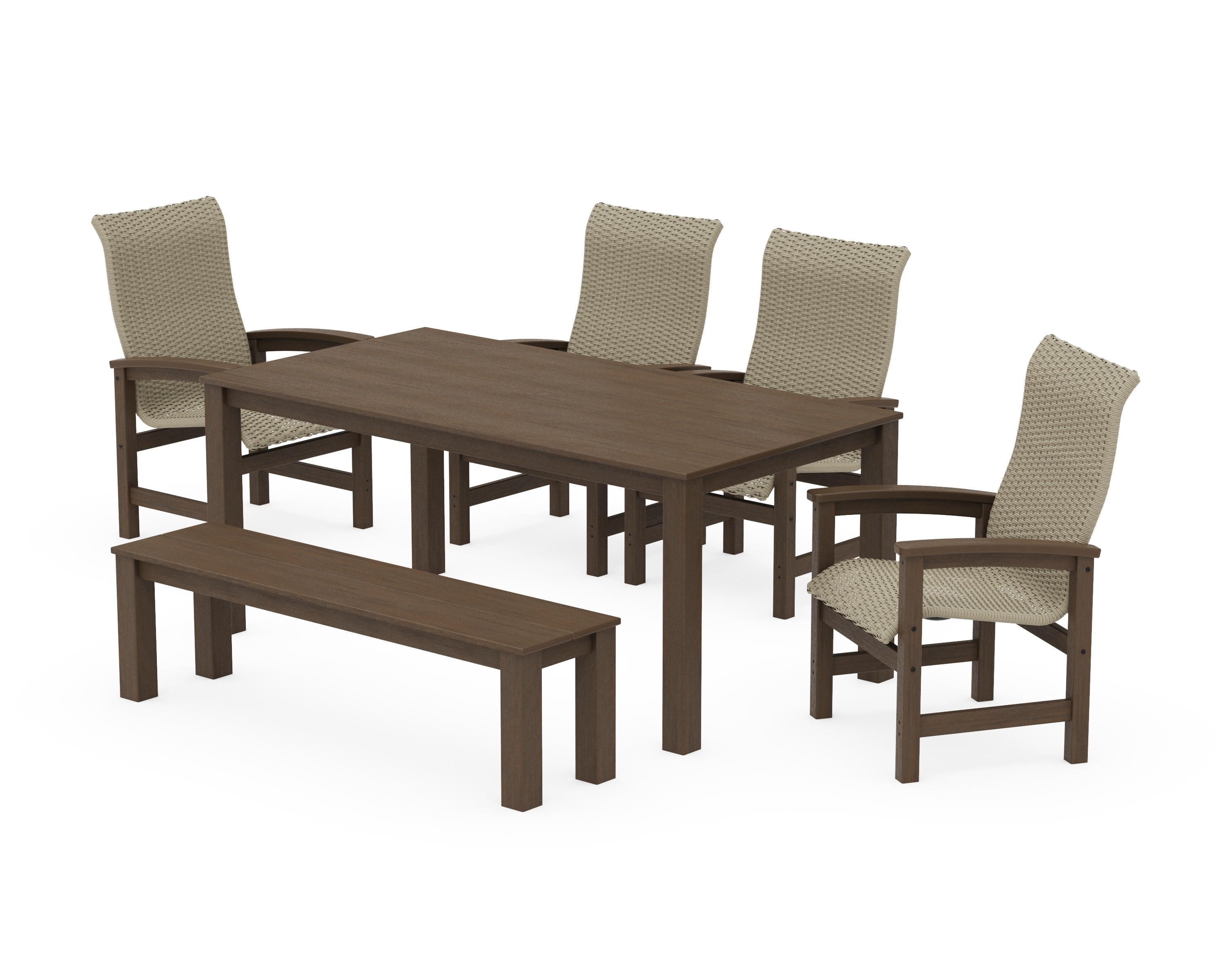 Coastal Woven High-Back 6-Piece Parsons Dining Set with Bench in Kona / Dune Grass