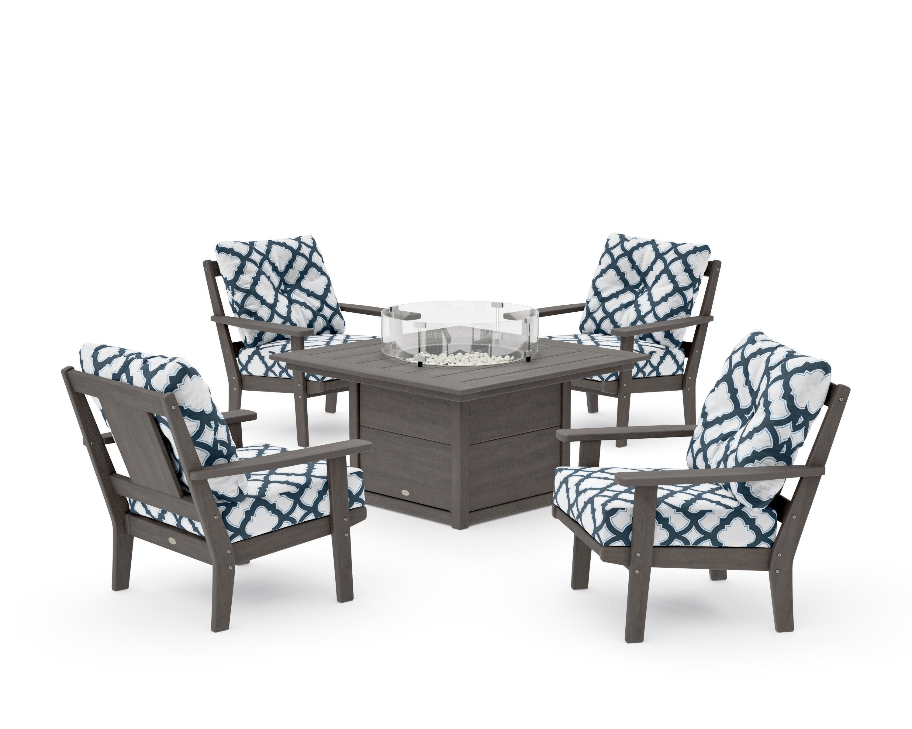 Prairie 5-Piece Deep Seating Set with Fire Pit Table in Driftwood / Trellis Marine Indigo