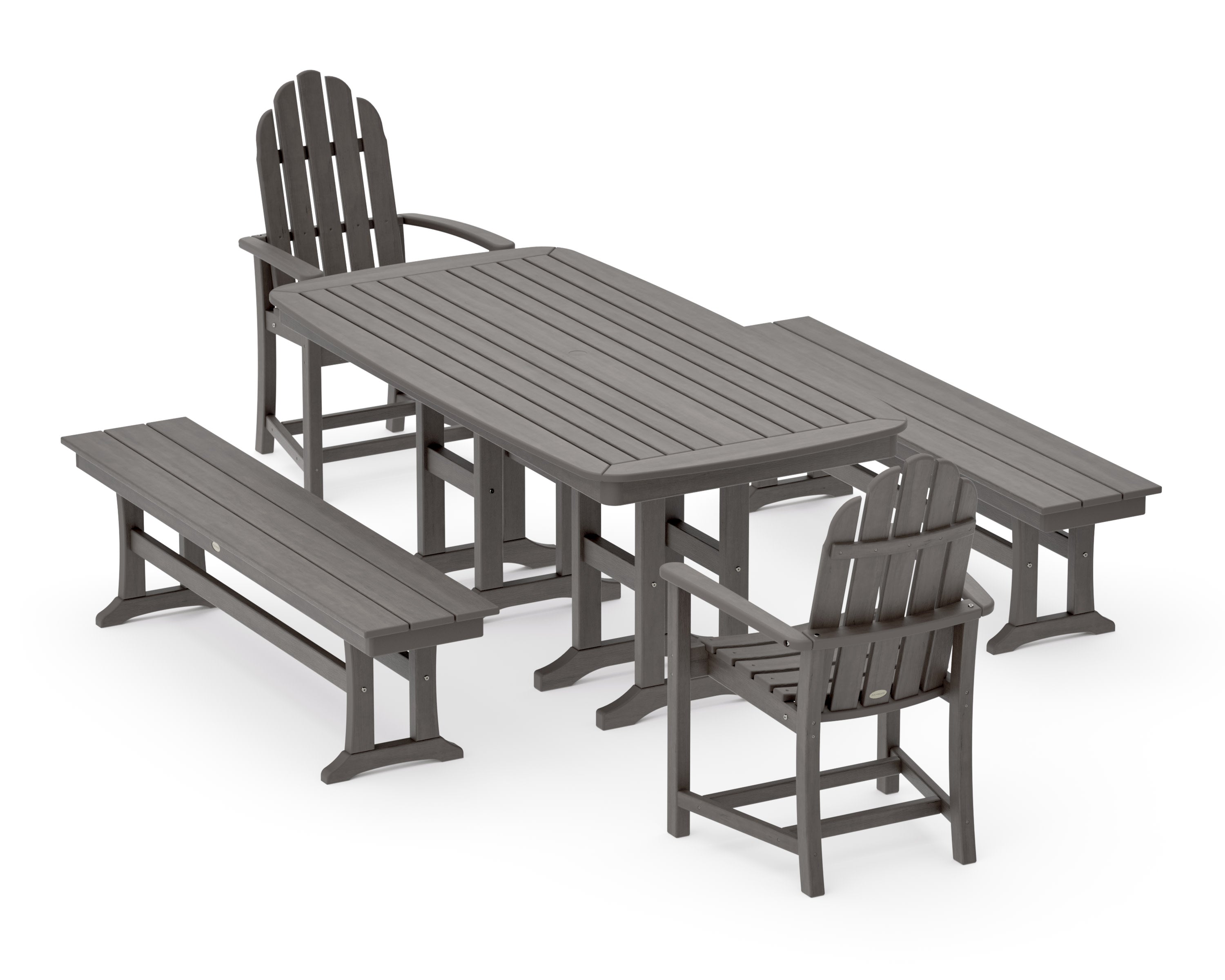 Classic Adirondack 5-Piece Dining Set with Benches in Driftwood
