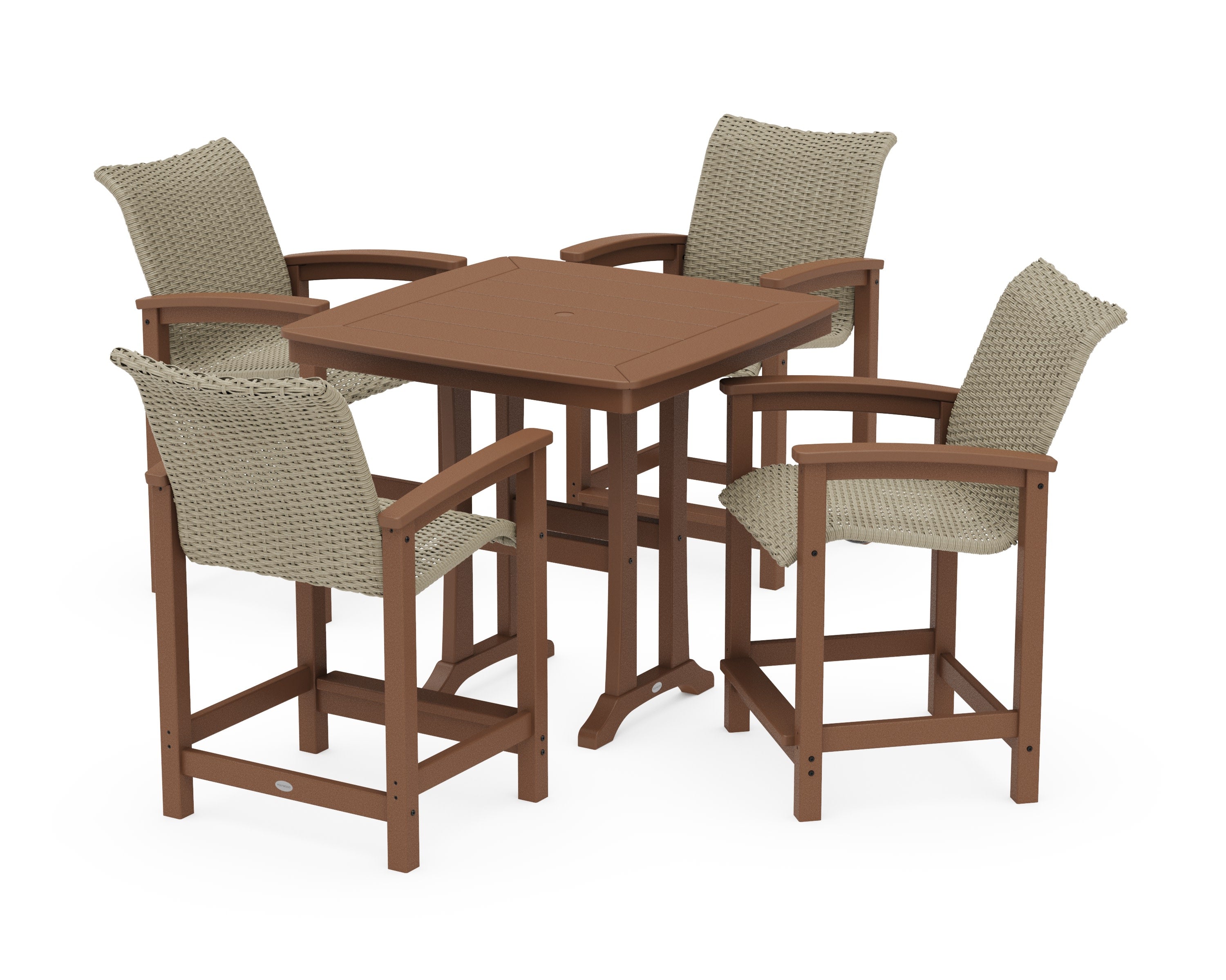 Coastal Woven 5-Piece Counter Set with Trestle Legs in Teak / Dune Grass