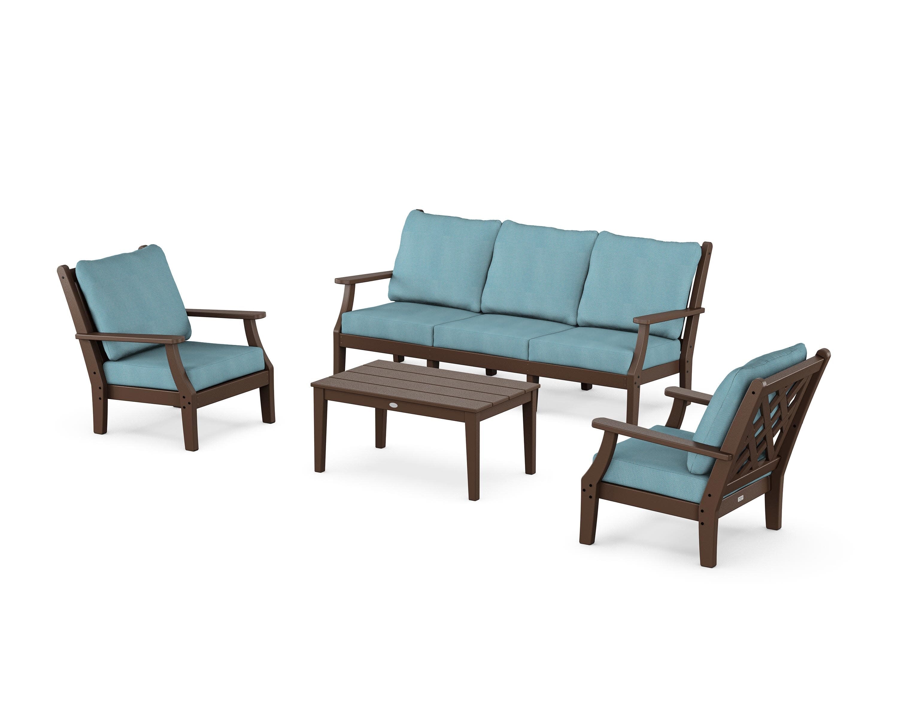 Wovendale 4-Piece Deep Seating Set with Sofa in Mahogany / Lattice Sky Blue