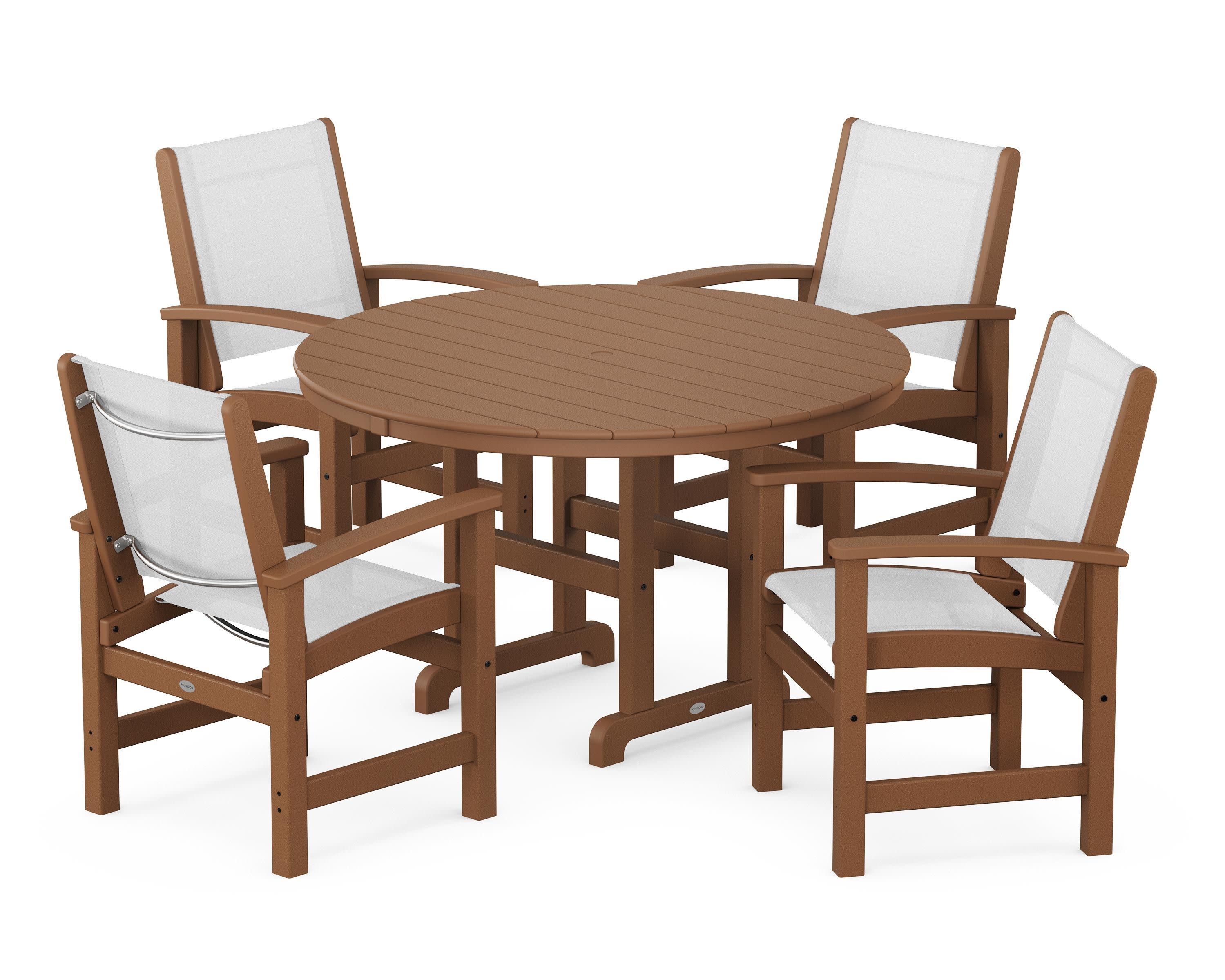 Coastal 5-Piece Round Farmhouse Dining Set in Teak / White Sling