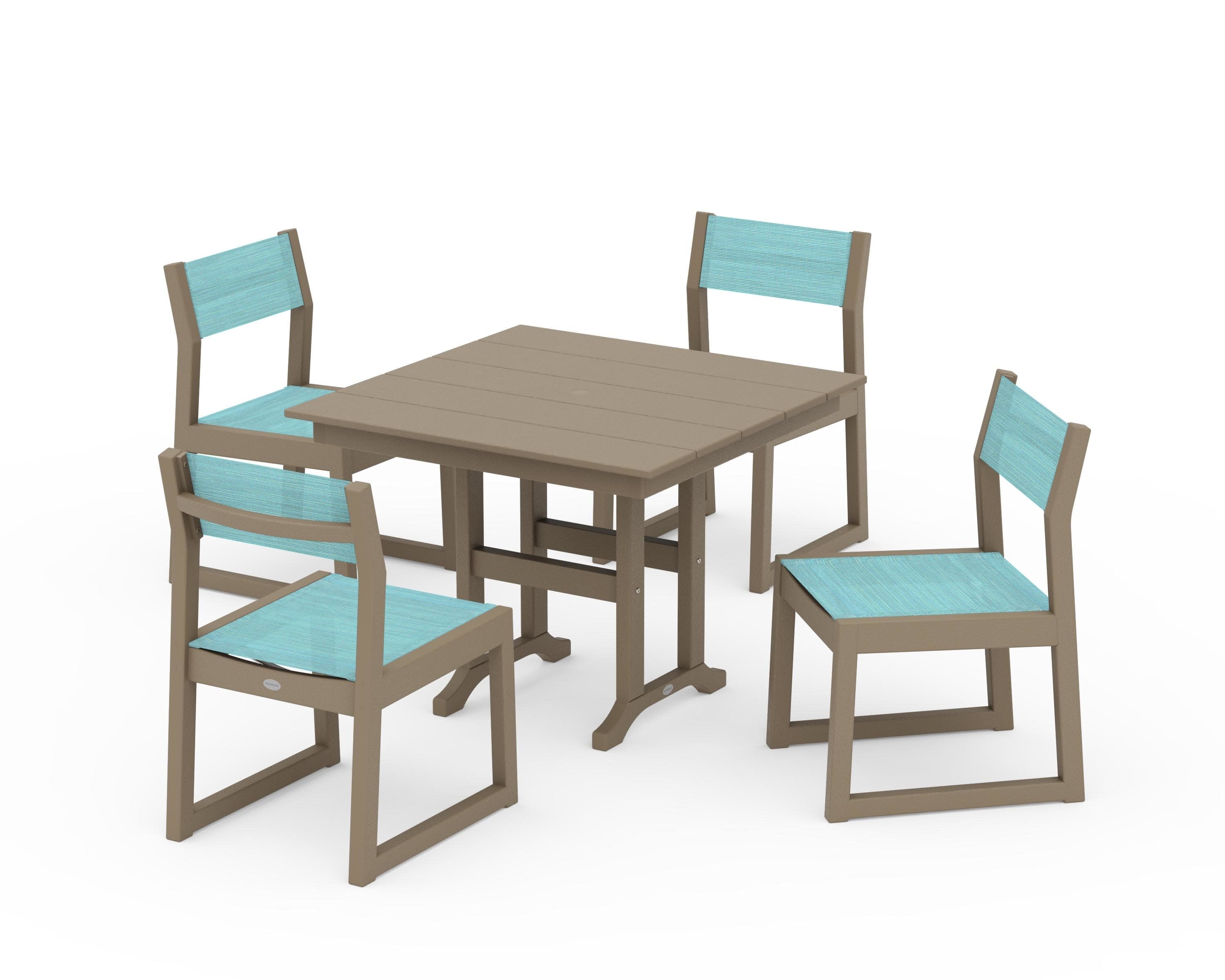 EDGE Sling Side Chair 5-Piece Farmhouse Dining Set in Vintage Sahara / Dupioni Aquamarine Sling