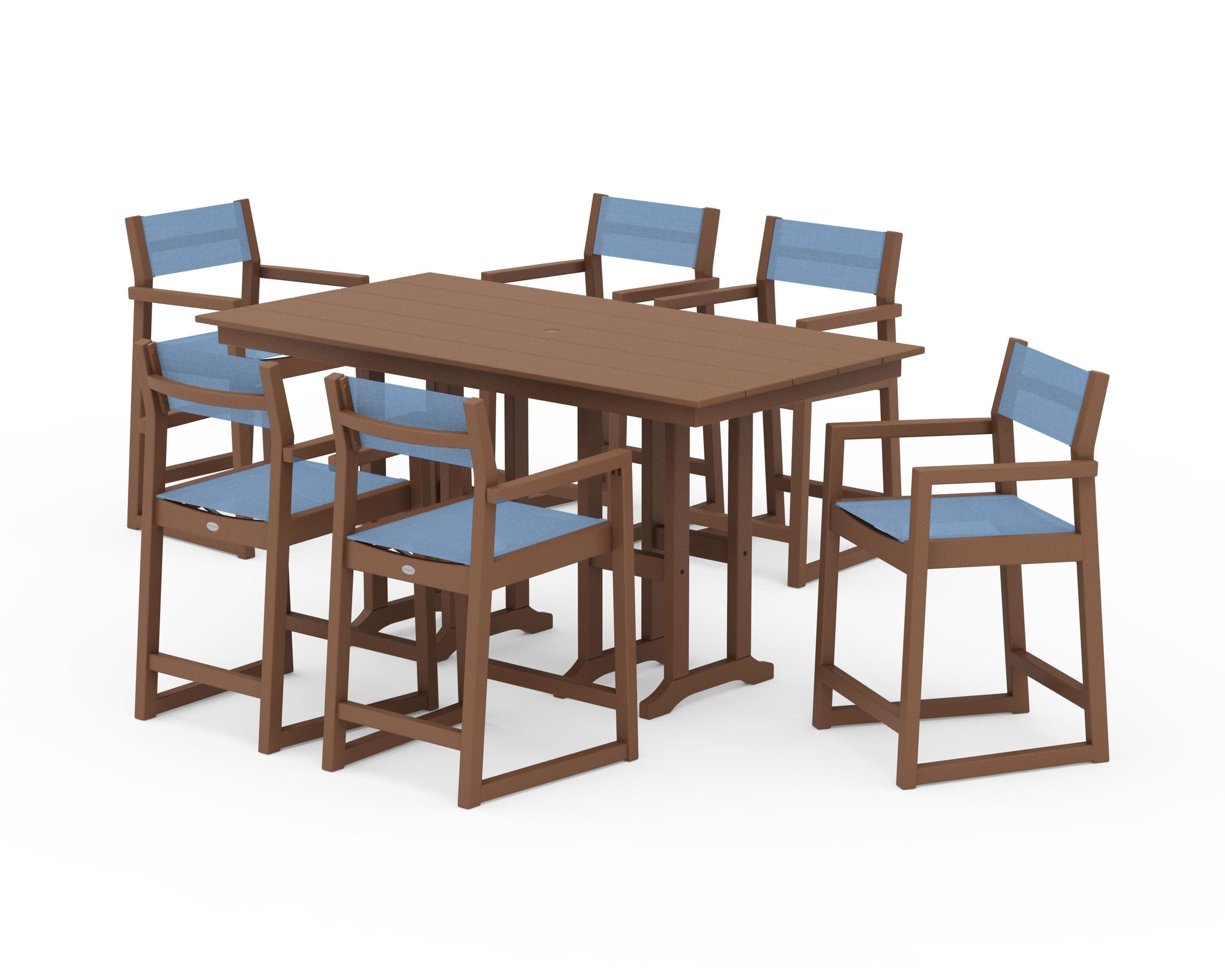 EDGE Sling Arm Chair 7-Piece Farmhouse Counter Set in Teak / Poolside Sling