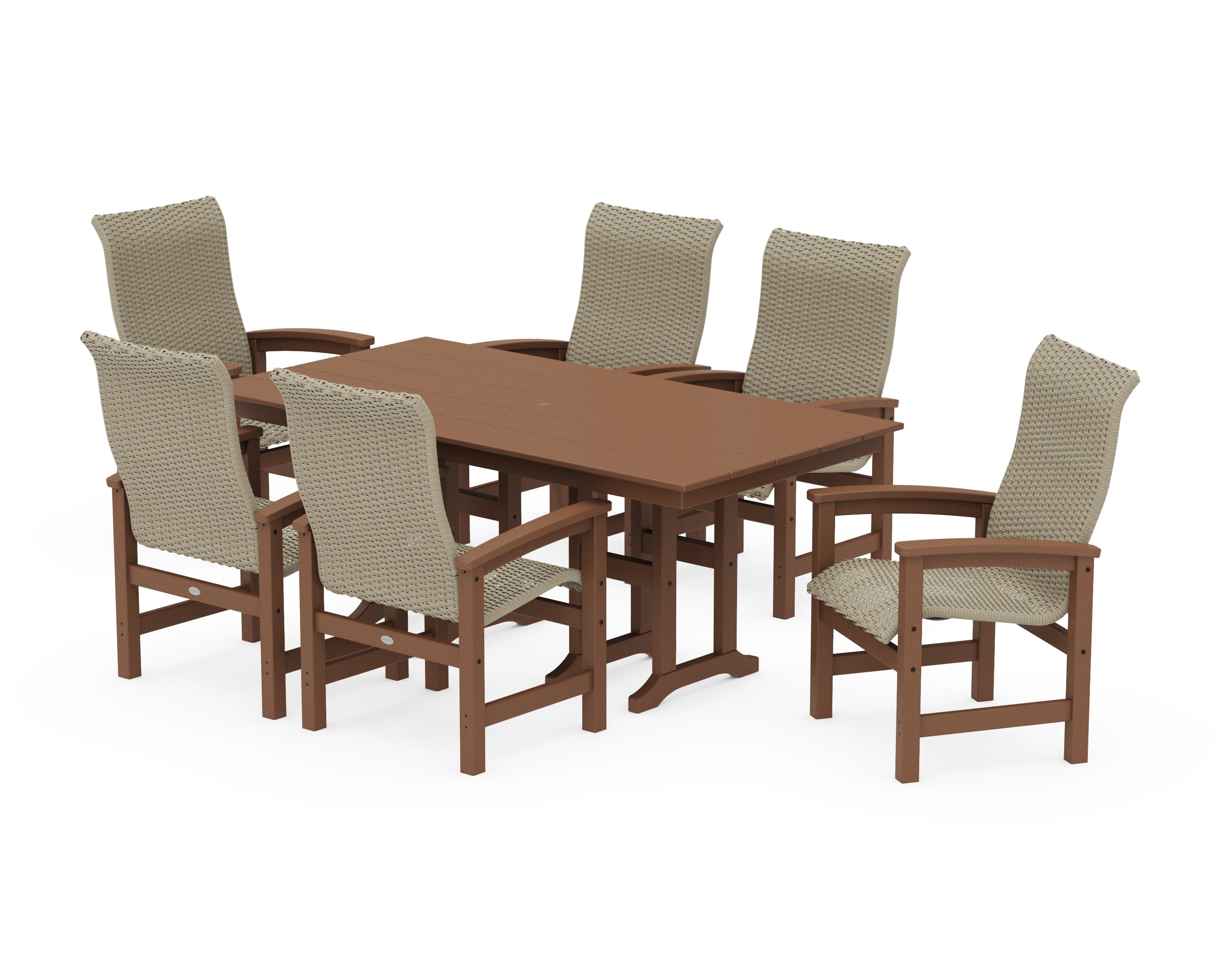 Coastal Woven High-Back Arm Chair 7-Piece Farmhouse Dining Set in Teak / Dune Grass