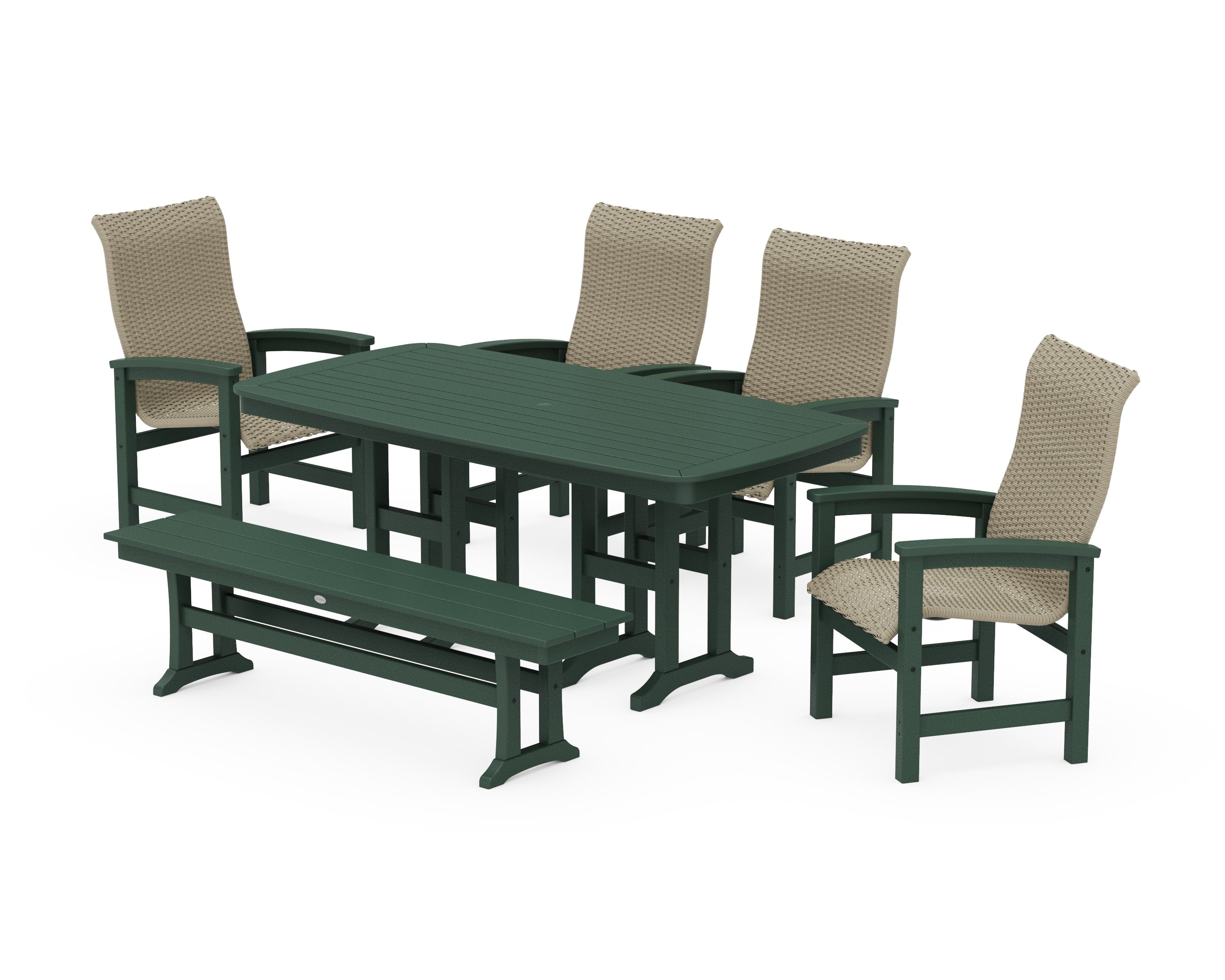 Coastal Woven High-Back 6-Piece Farmhouse Dining Set with Bench in Green / Dune Grass