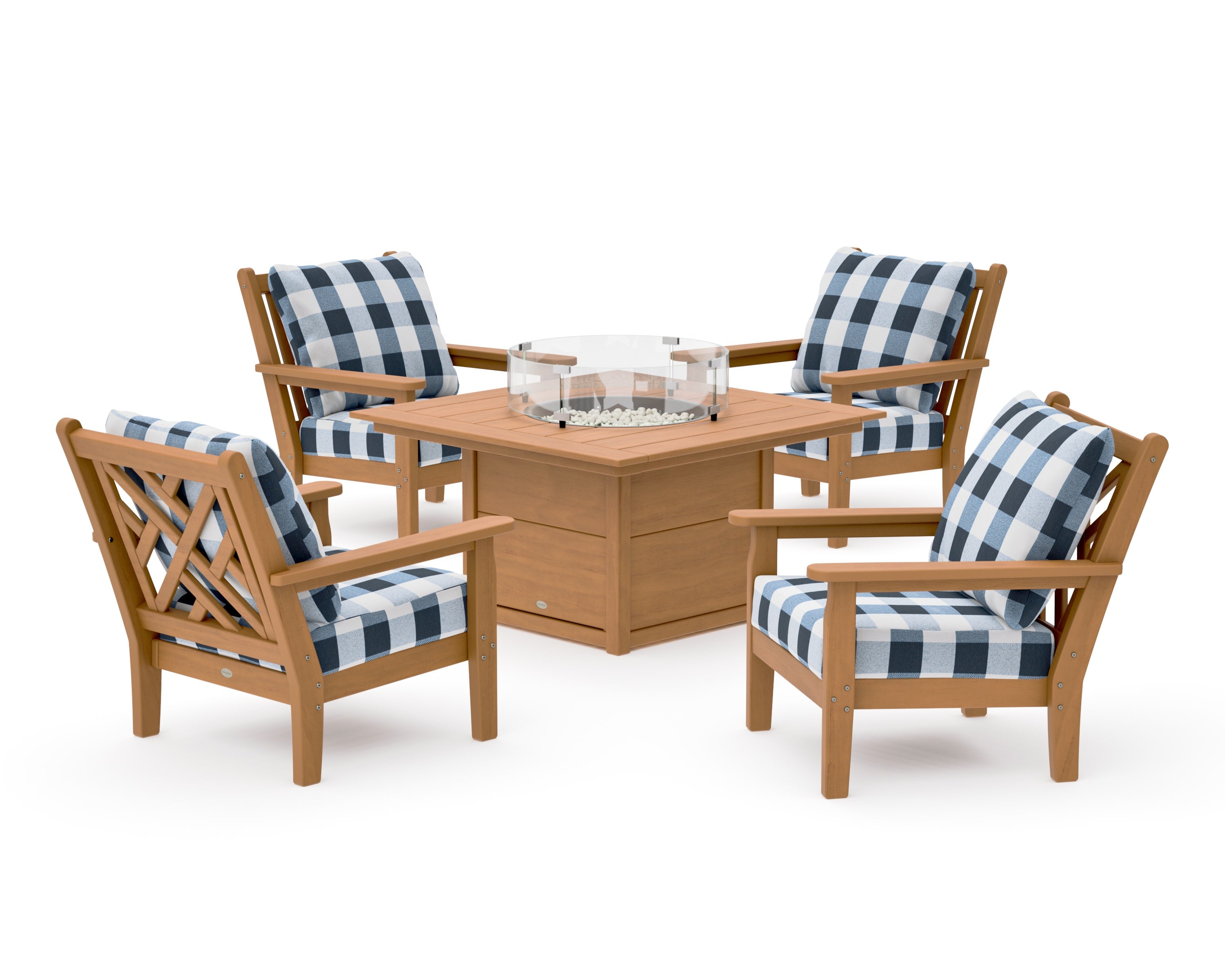 Chippendale 5-Piece Deep Seating Set with Fire Pit Table in Natural / Buffalo Plaid Marine Indigo