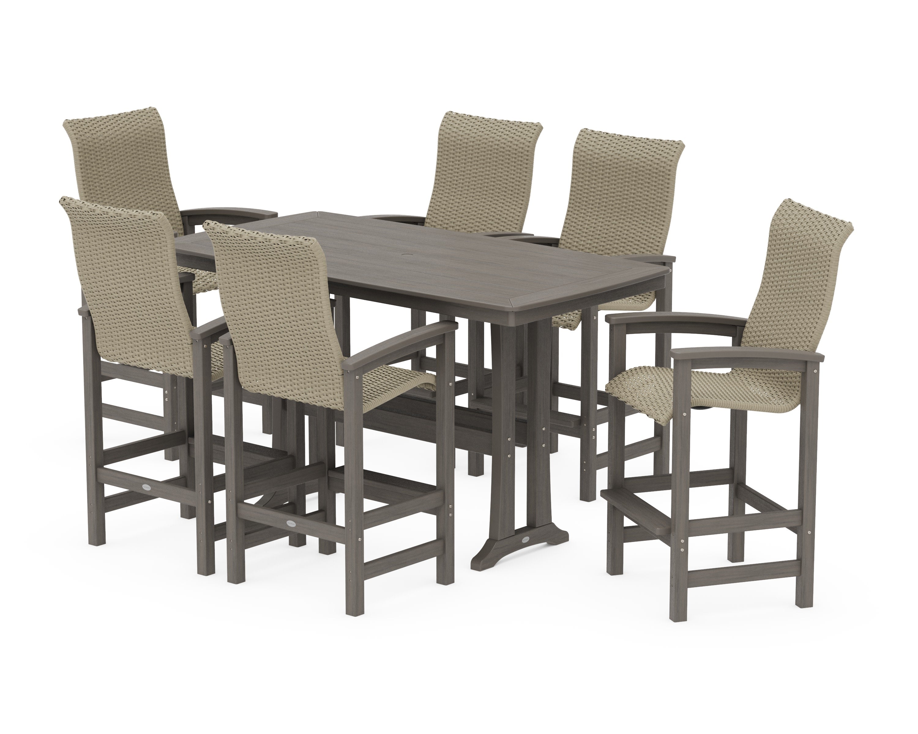 Coastal Woven High-Back Arm Chair 7-Piece Bar Set with Trestle Legs in Driftwood / Dune Grass