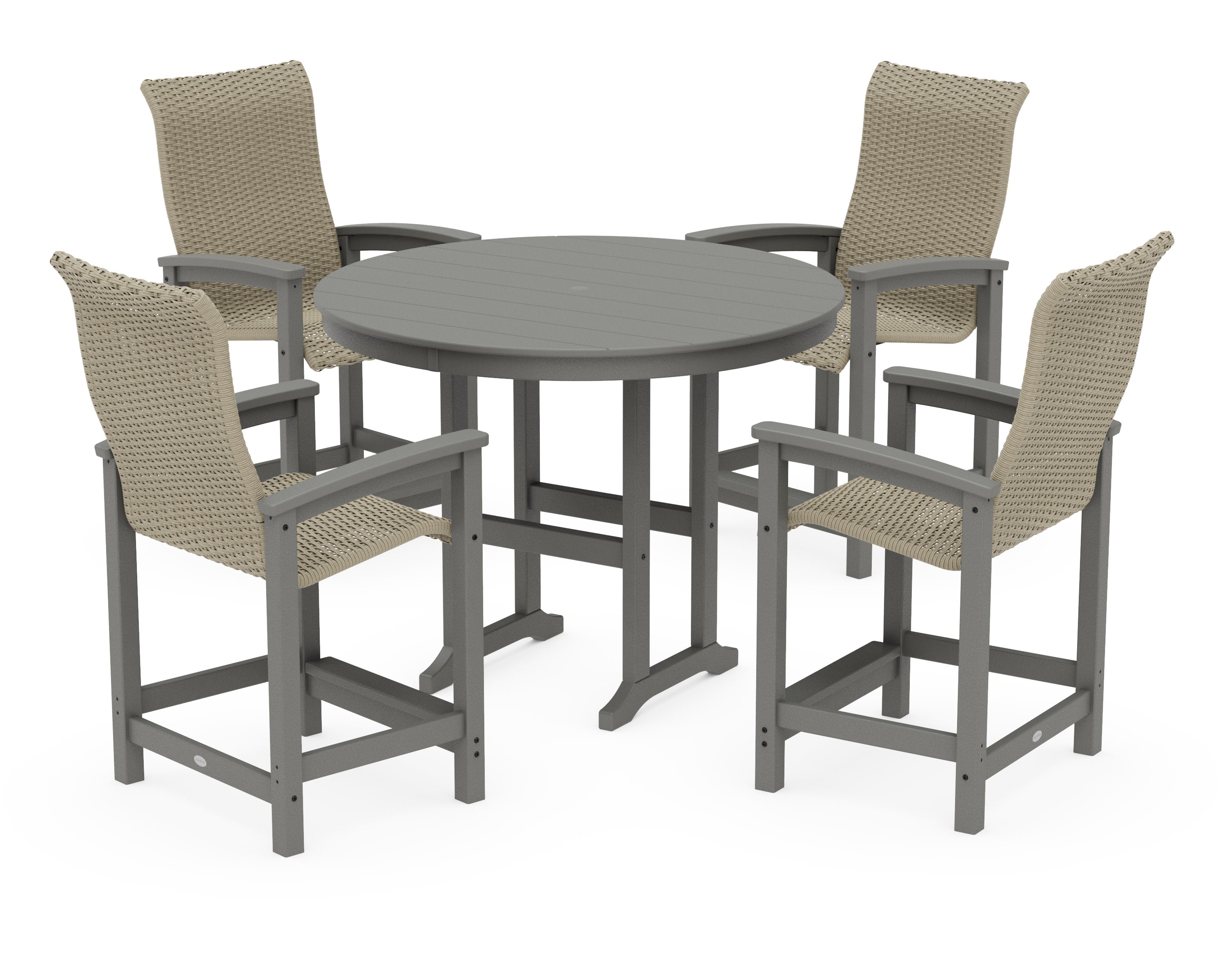 Coastal Woven High-Back 5-Piece Round Farmhouse Counter Set in Slate Grey / Dune Grass