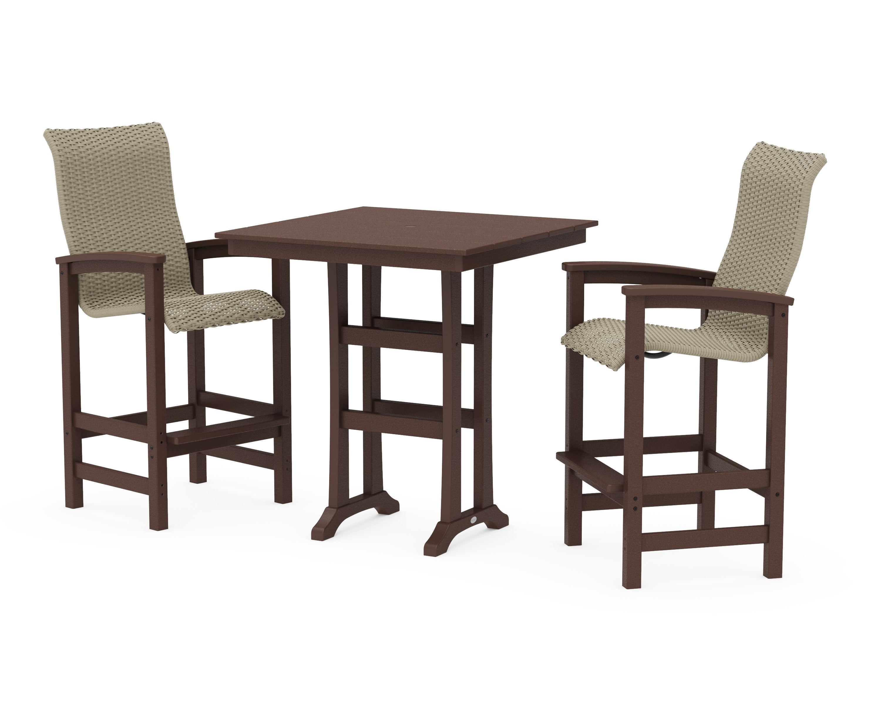 Coastal Woven High-Back 3-Piece Farmhouse Bar Set with Trestle Legs in Mahogany / Dune Grass