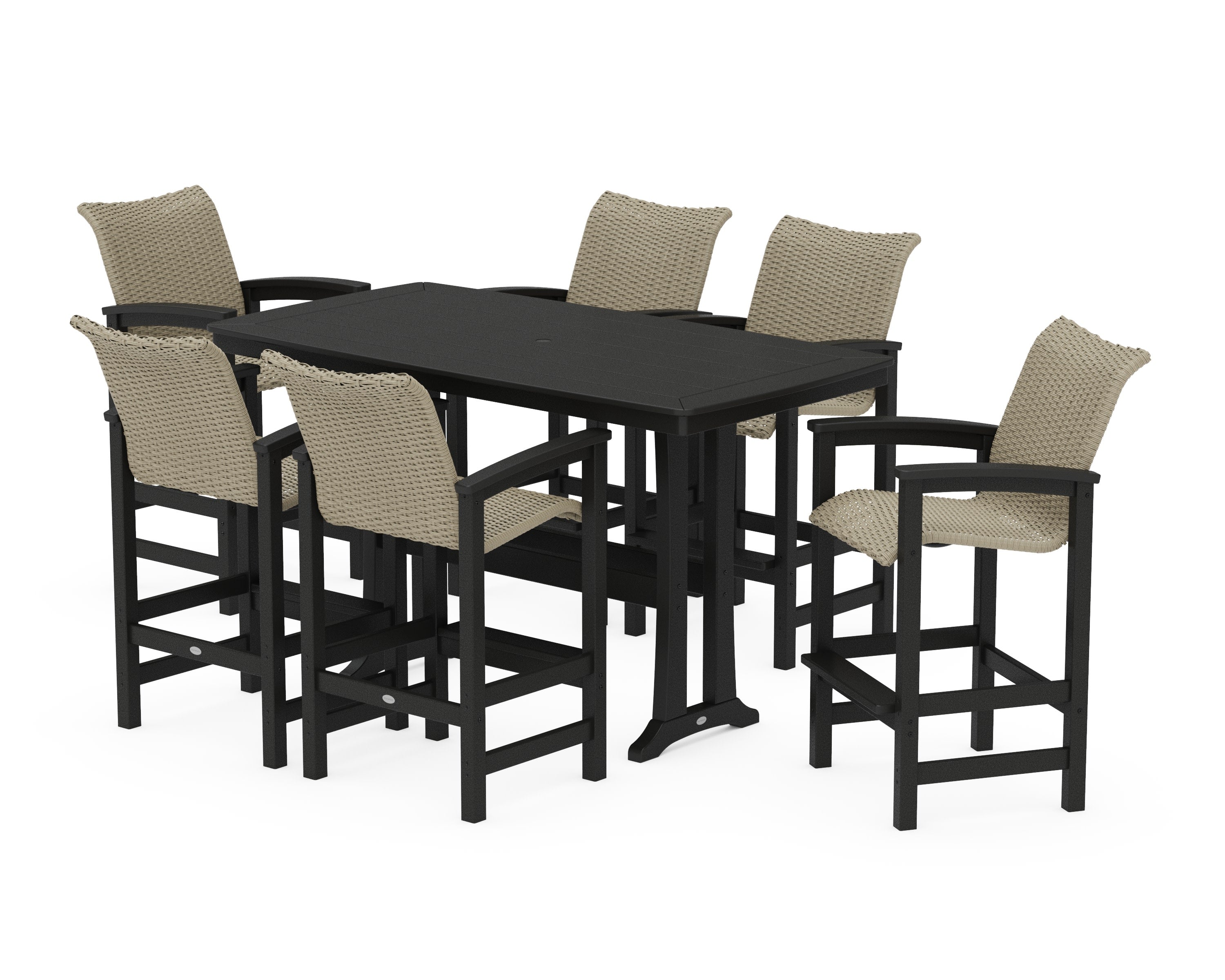 Coastal Woven Arm Chair 7-Piece Bar Set with Trestle Legs in Black / Dune Grass