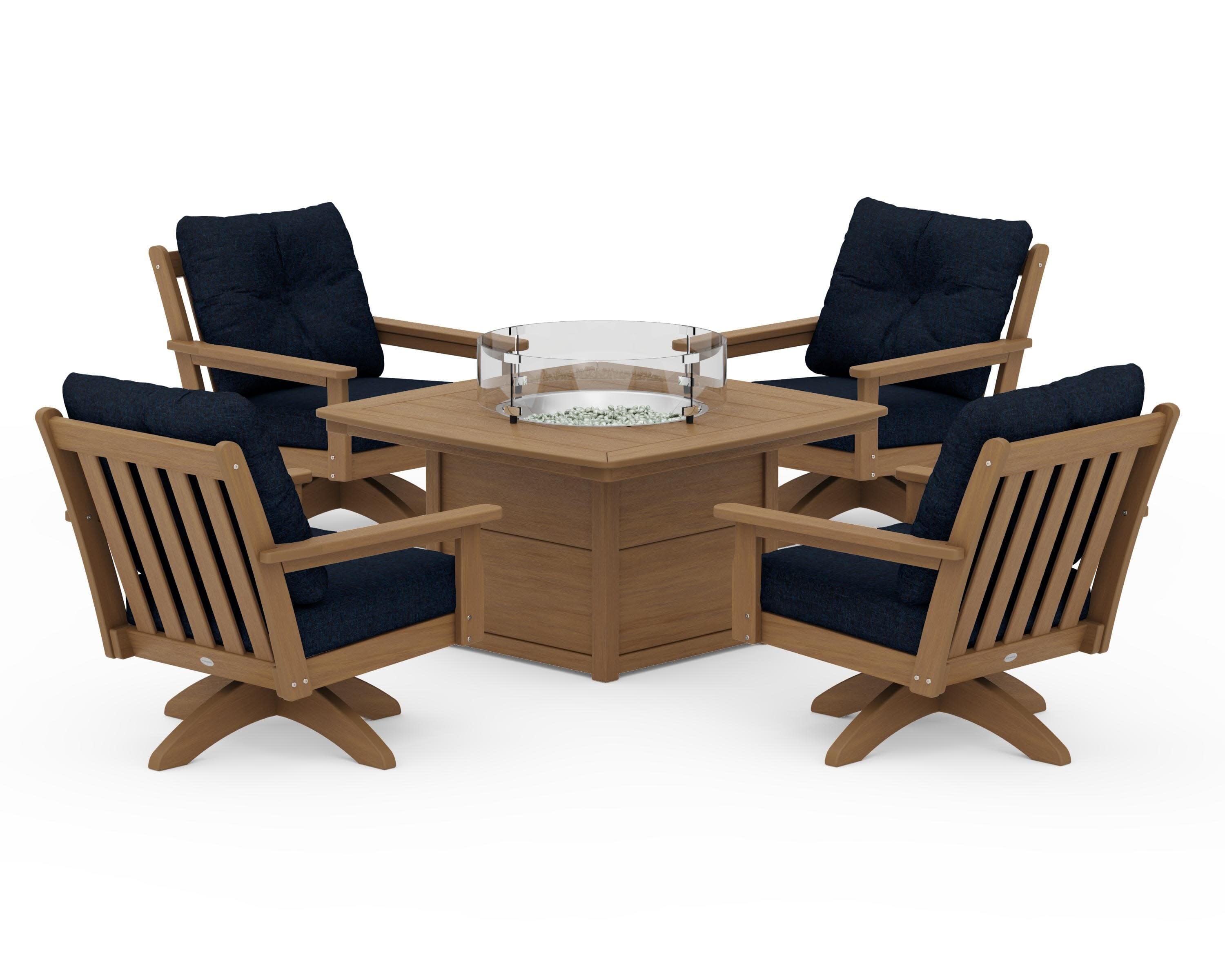 Vineyard 5-Piece Deep Seating Swivel Conversation Set with Fire Pit Table in Natural / Marine Indigo
