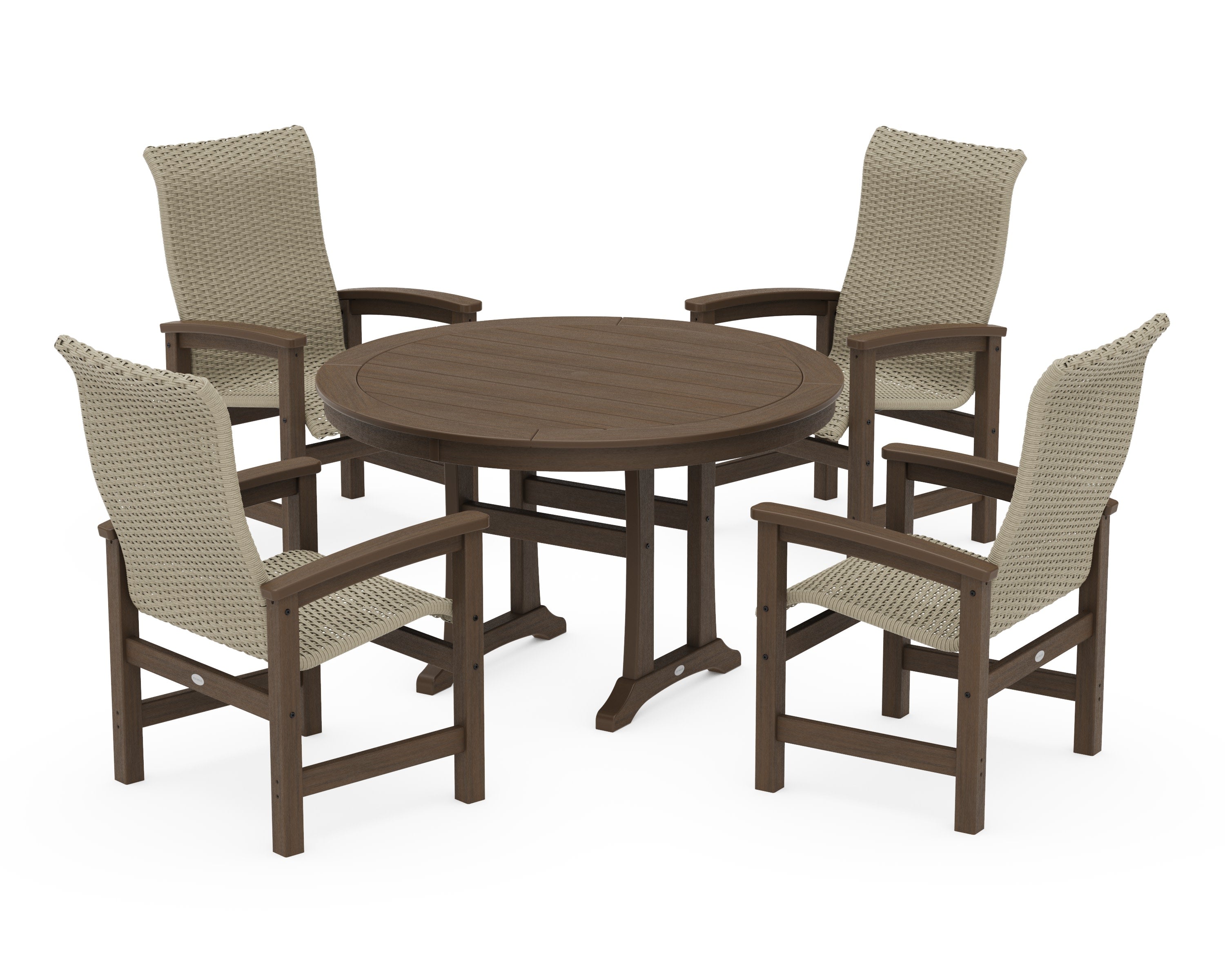Coastal Woven High-Back 5-Piece Round Dining Set with Trestle Legs in Kona / Dune Grass