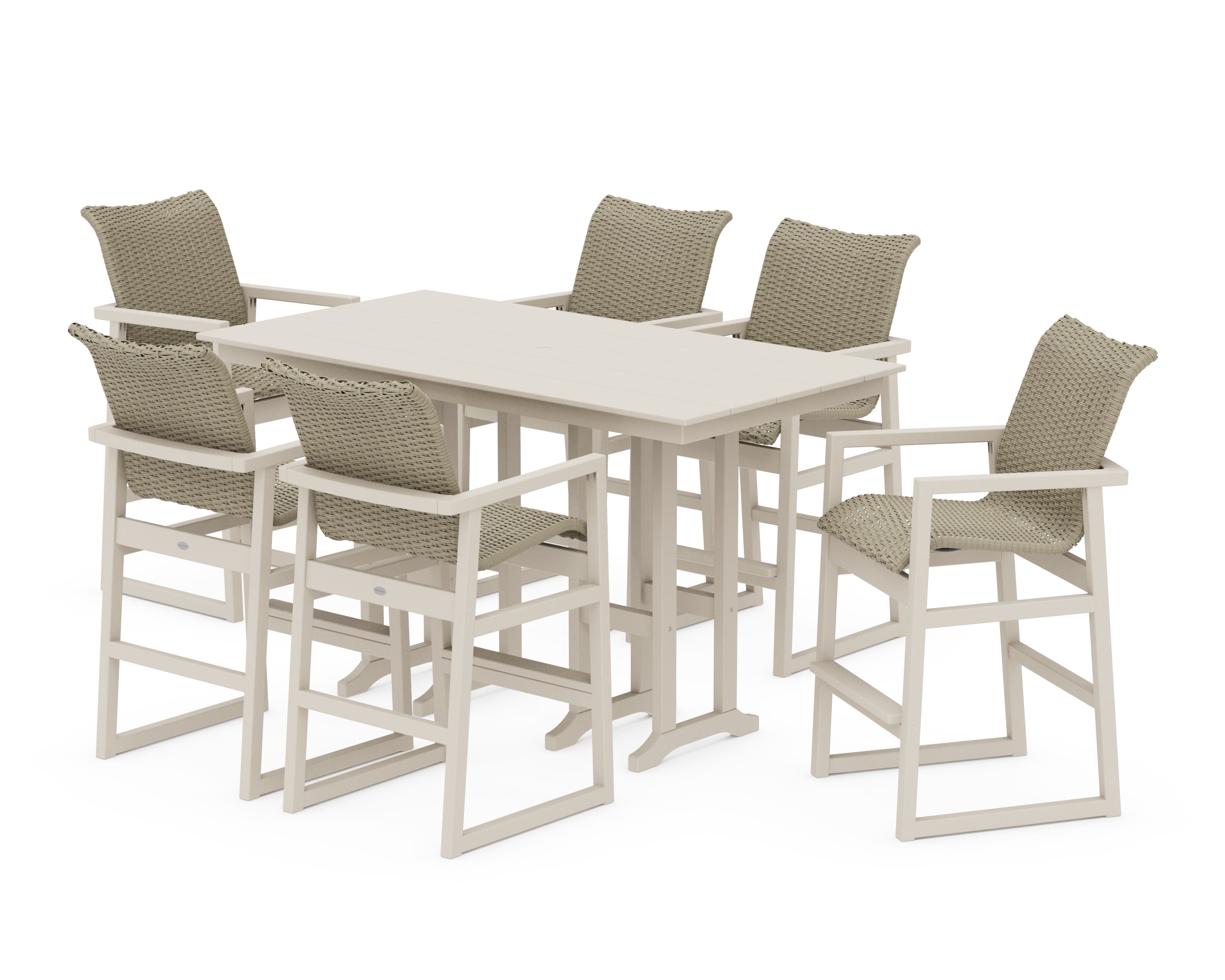 EDGE Woven Arm Chair 7-Piece Farmhouse Bar Set in Sand / Dune Grass