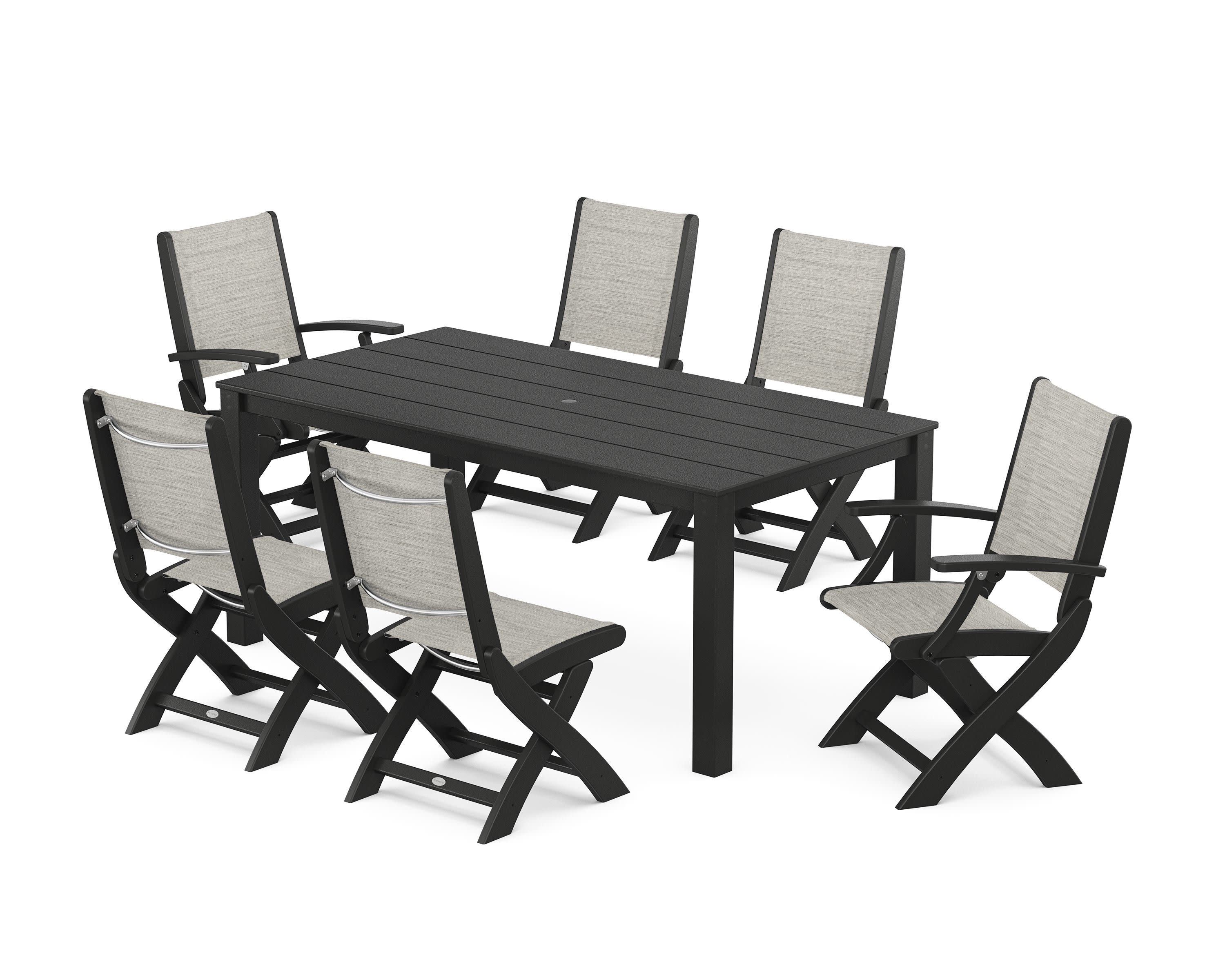 Coastal Folding Chair 7-Piece Parsons Dining Set in Black / Birch Sling