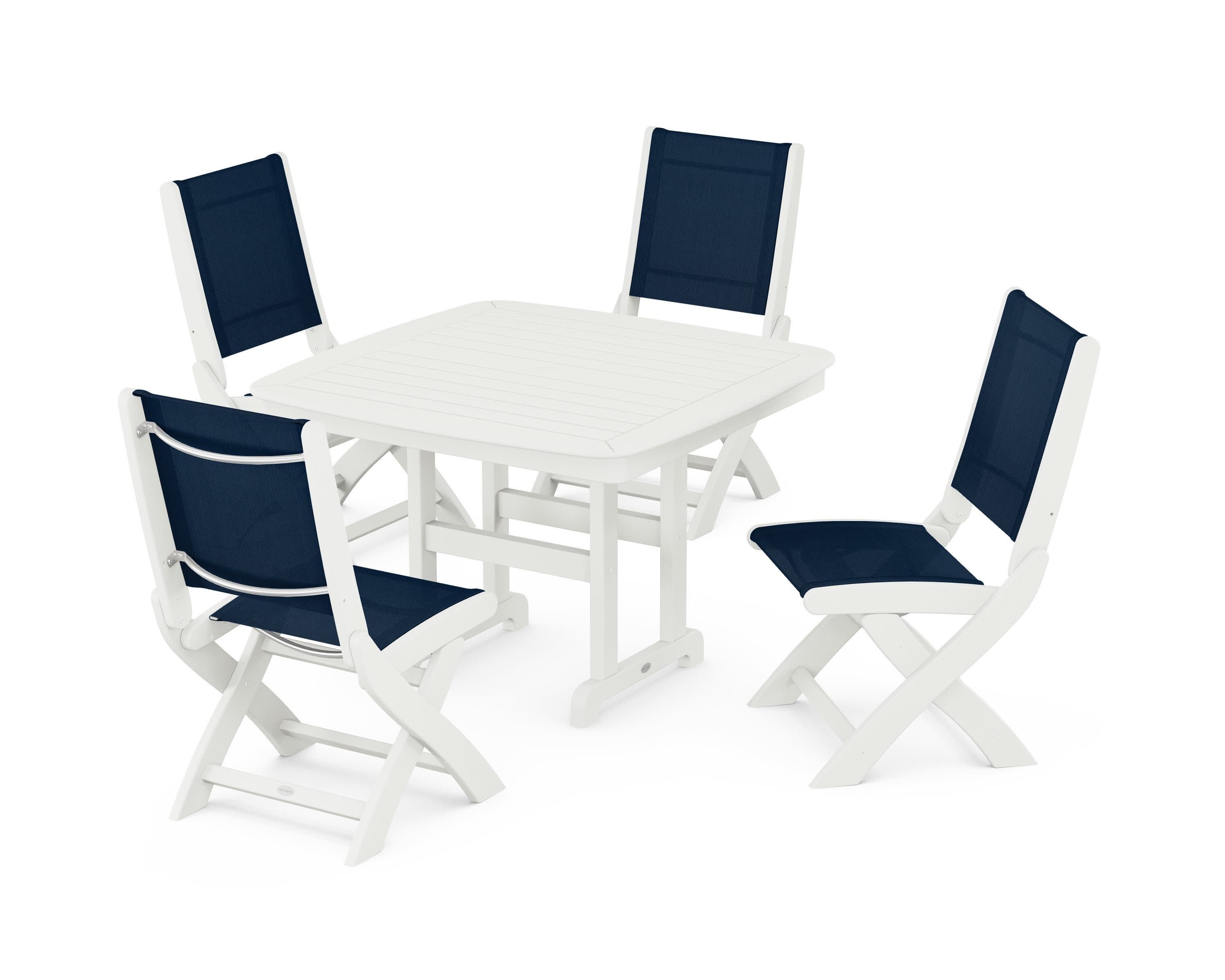 Coastal Folding Side Chair 5-Piece Dining Set in Vintage White / Navy Blue Sling