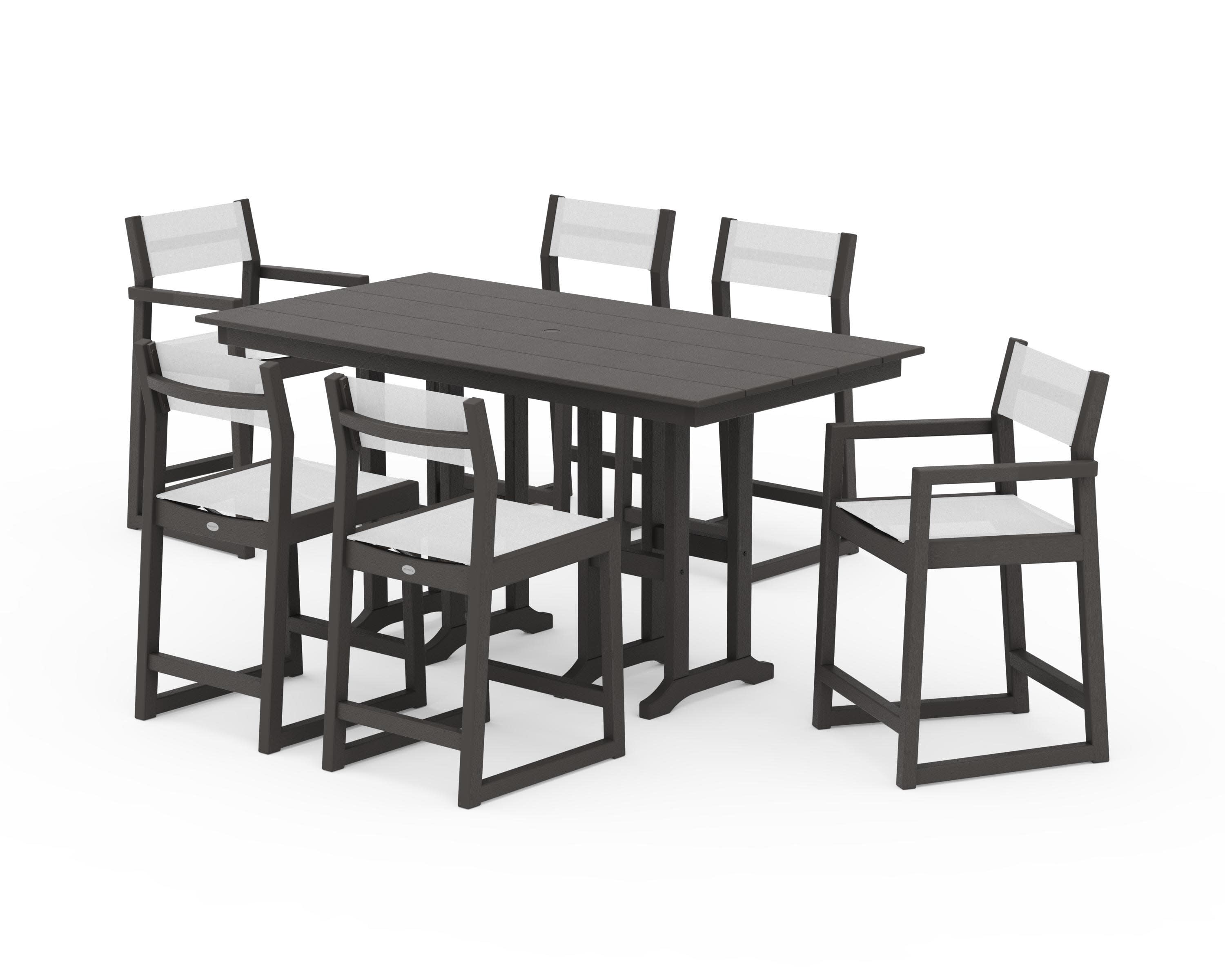 EDGE Sling 7-Piece Farmhouse Counter Set with Trestle Legs in Vintage Coffee / White Sling