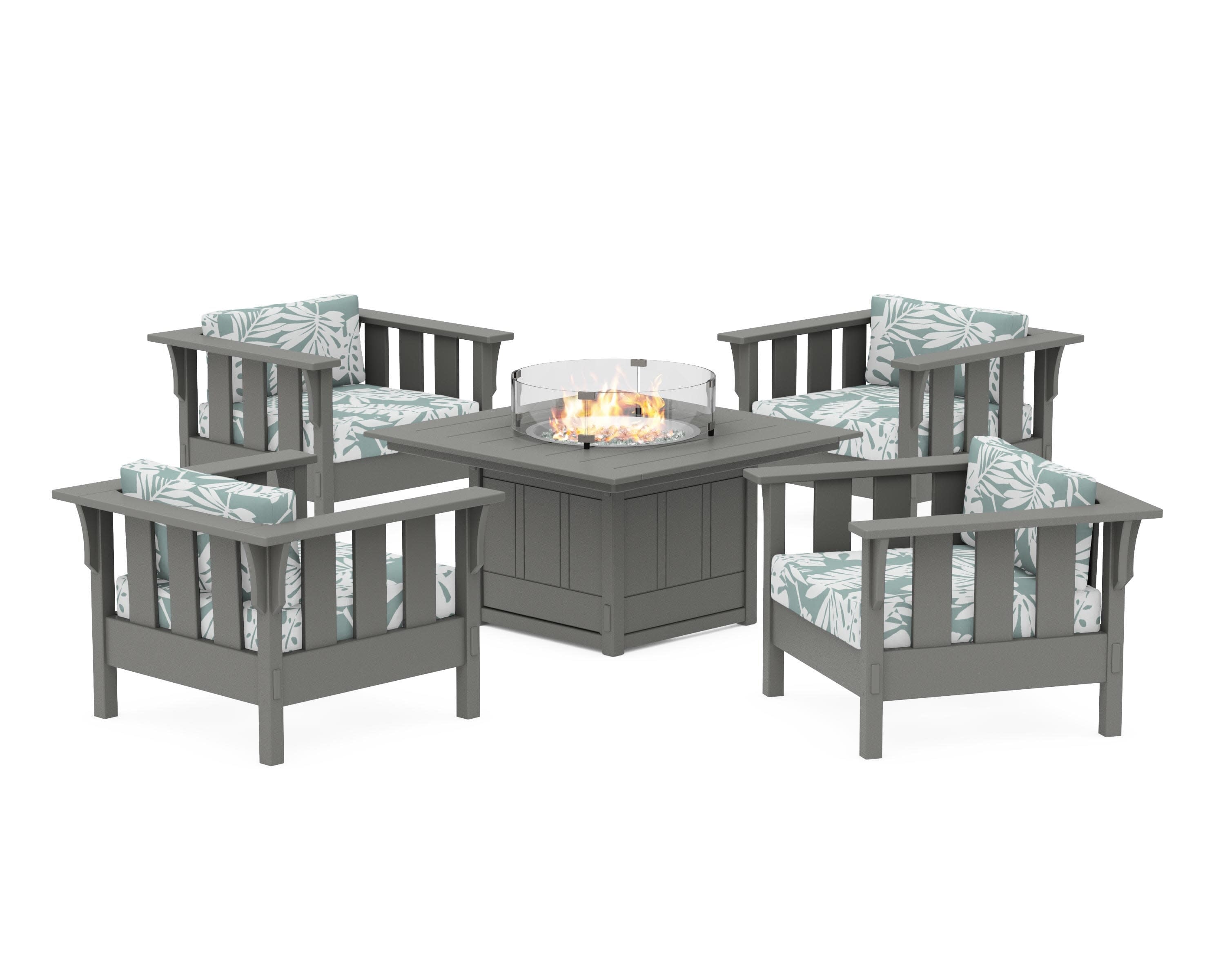 Acadia 5-Piece Deep Seating Set with Fire Pit Table in Slate Grey / Leaf Glacier Spa