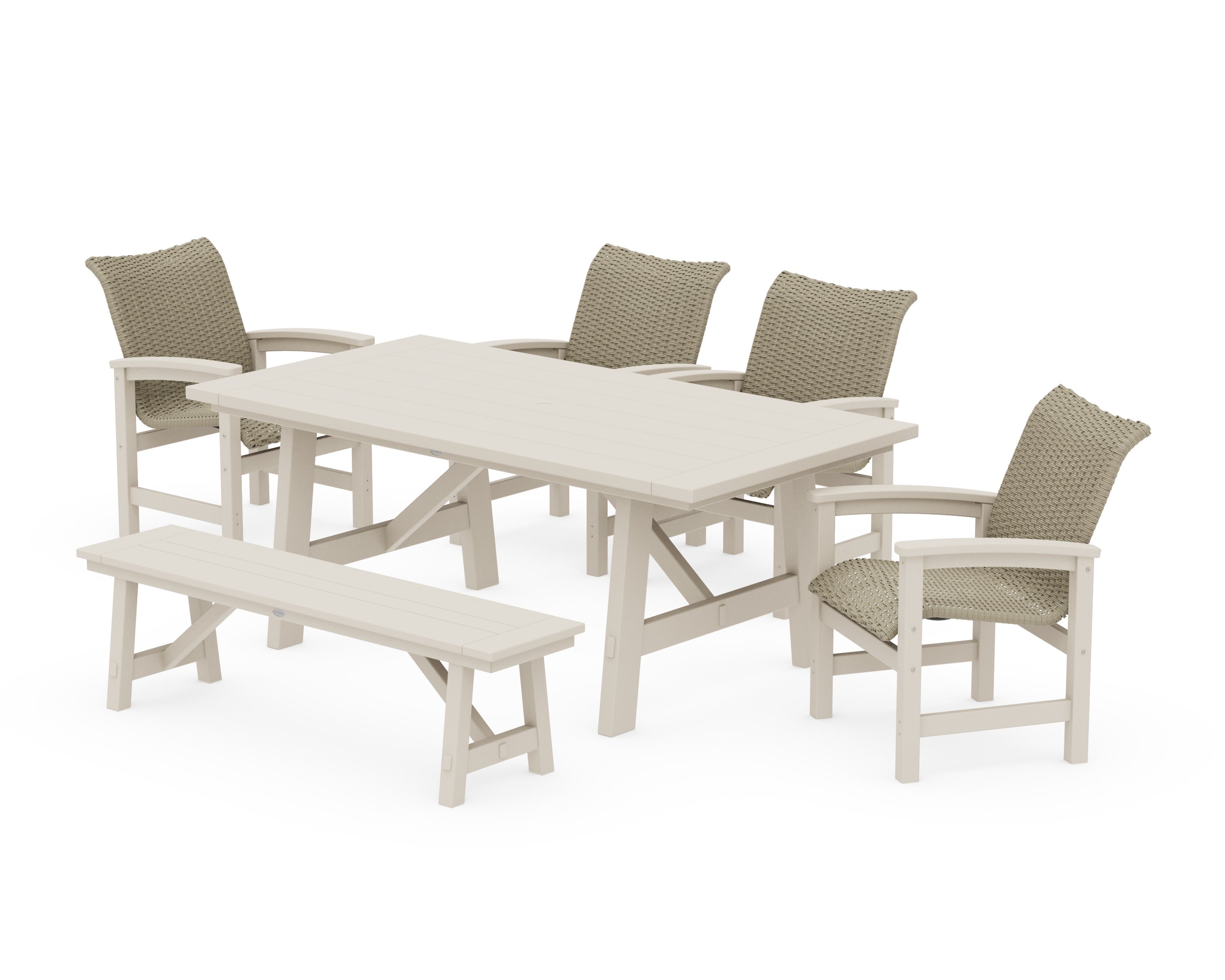Coastal Woven 6-Piece Rustic Farmhouse Dining Set with Bench in Sand / Dune Grass