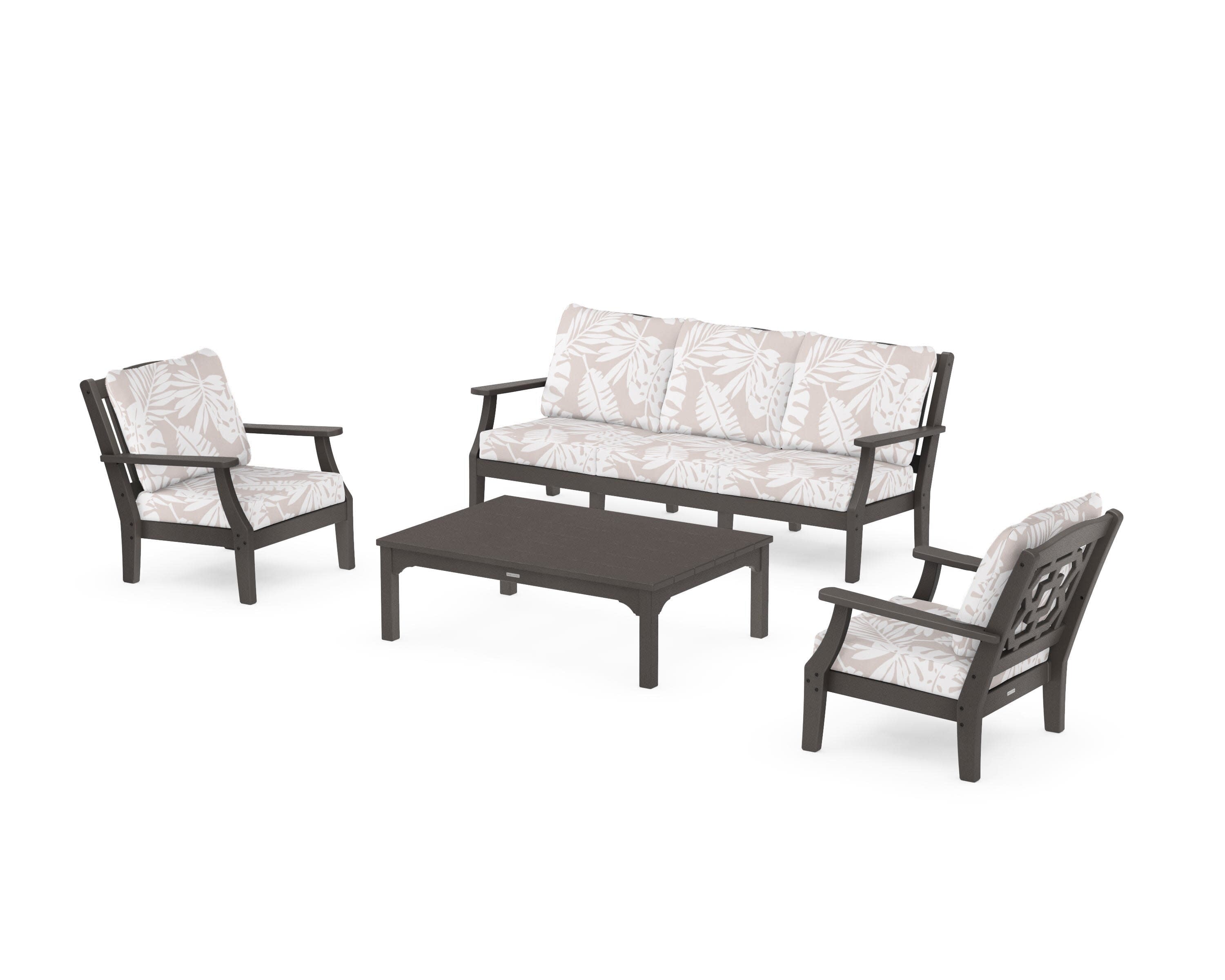 Chinoiserie 4-Piece Deep Seating Set with Sofa in Vintage Coffee / Leaf Dune Burlap
