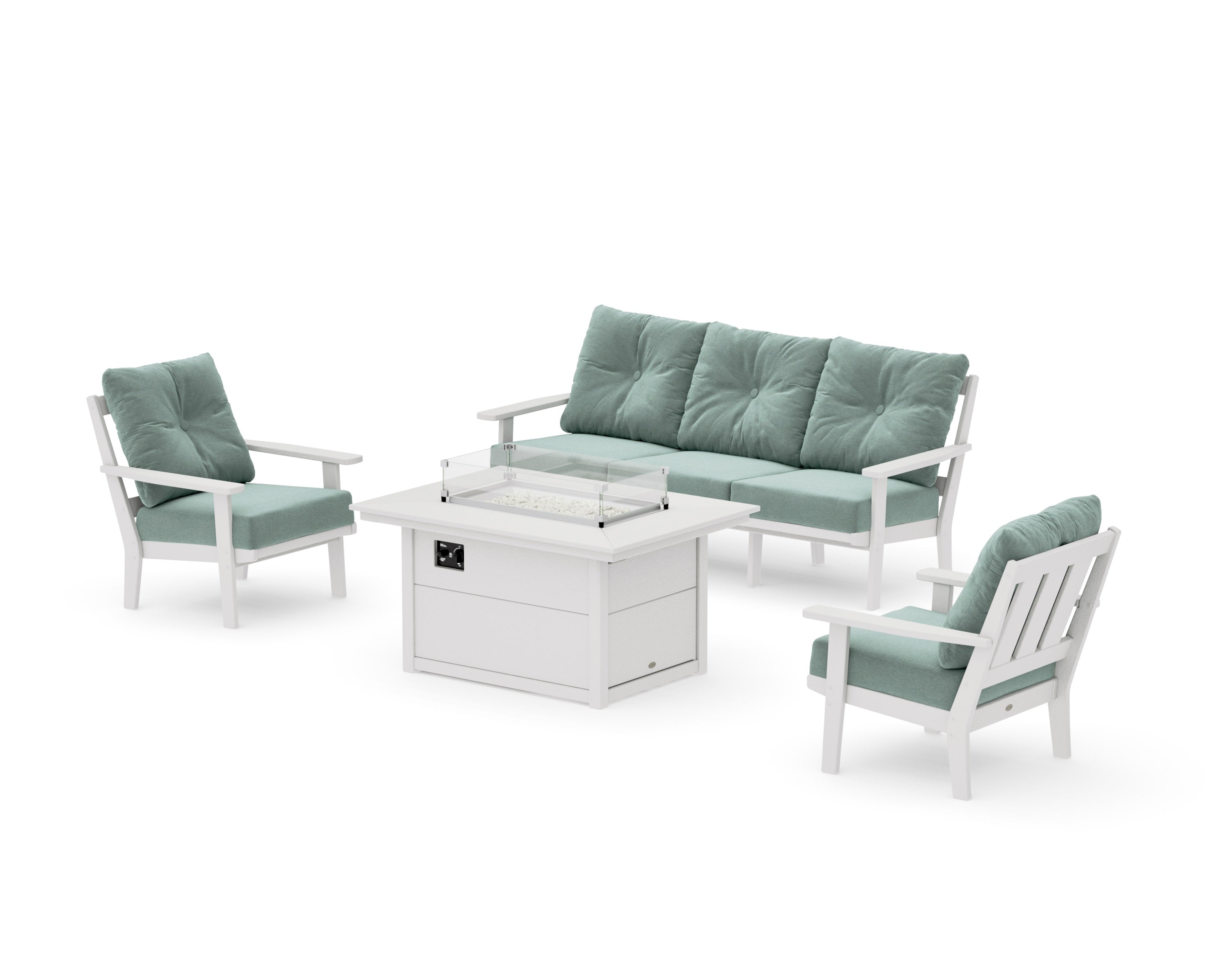 Oxford Deep Seating Fire Pit Table Set in Vintage White / Glacier Spa