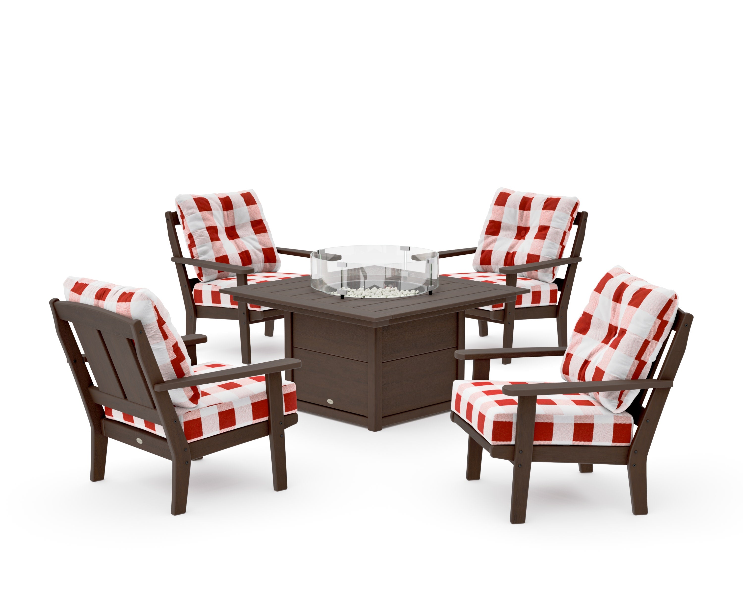 Mission 5-Piece Deep Seating Set with Fire Pit Table in Kona / Buffalo Plaid Crimson