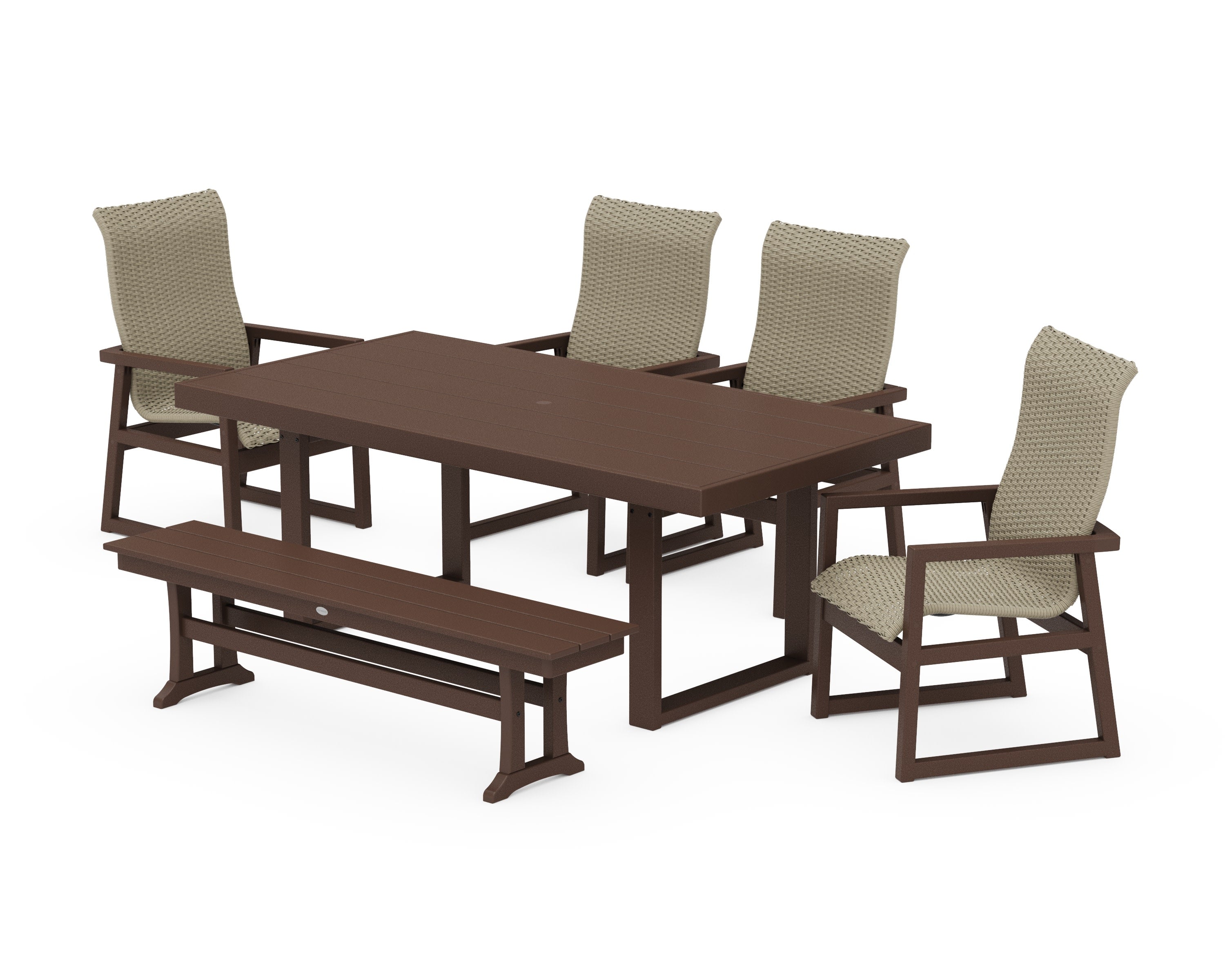 EDGE Woven Highback 6-Piece Dining Set with Bench in Mahogany / Dune Grass