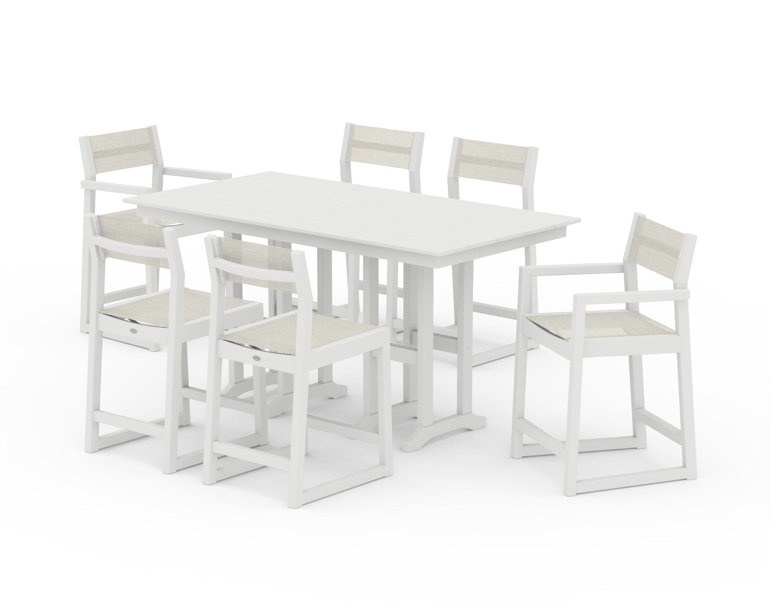 EDGE Sling 7-Piece Farmhouse Counter Set with Trestle Legs in Vintage White / Parchment Sling