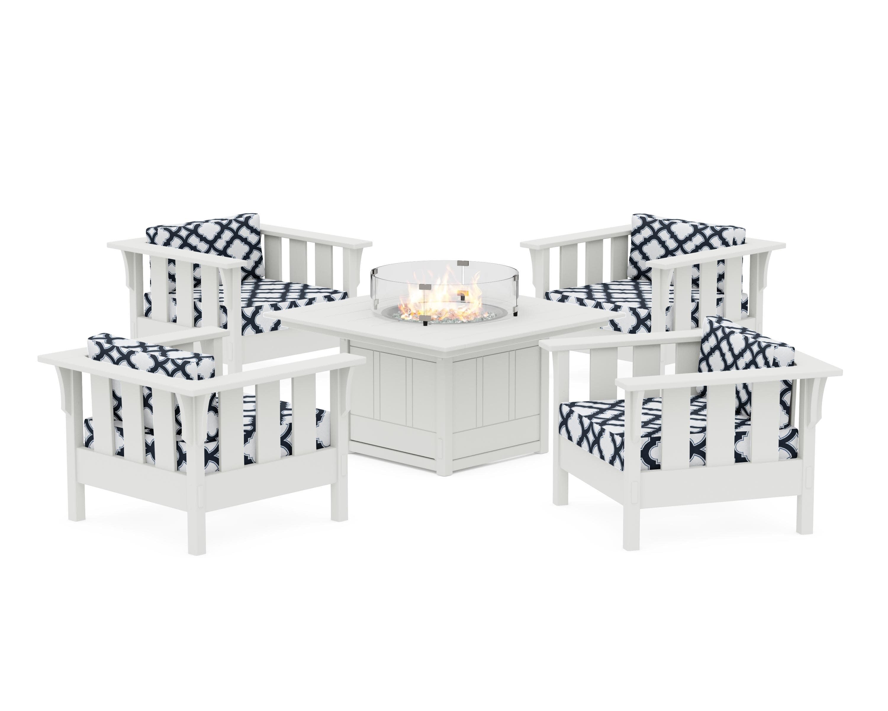 Acadia 5-Piece Deep Seating Set with Fire Pit Table in White / Trellis Marine Indigo