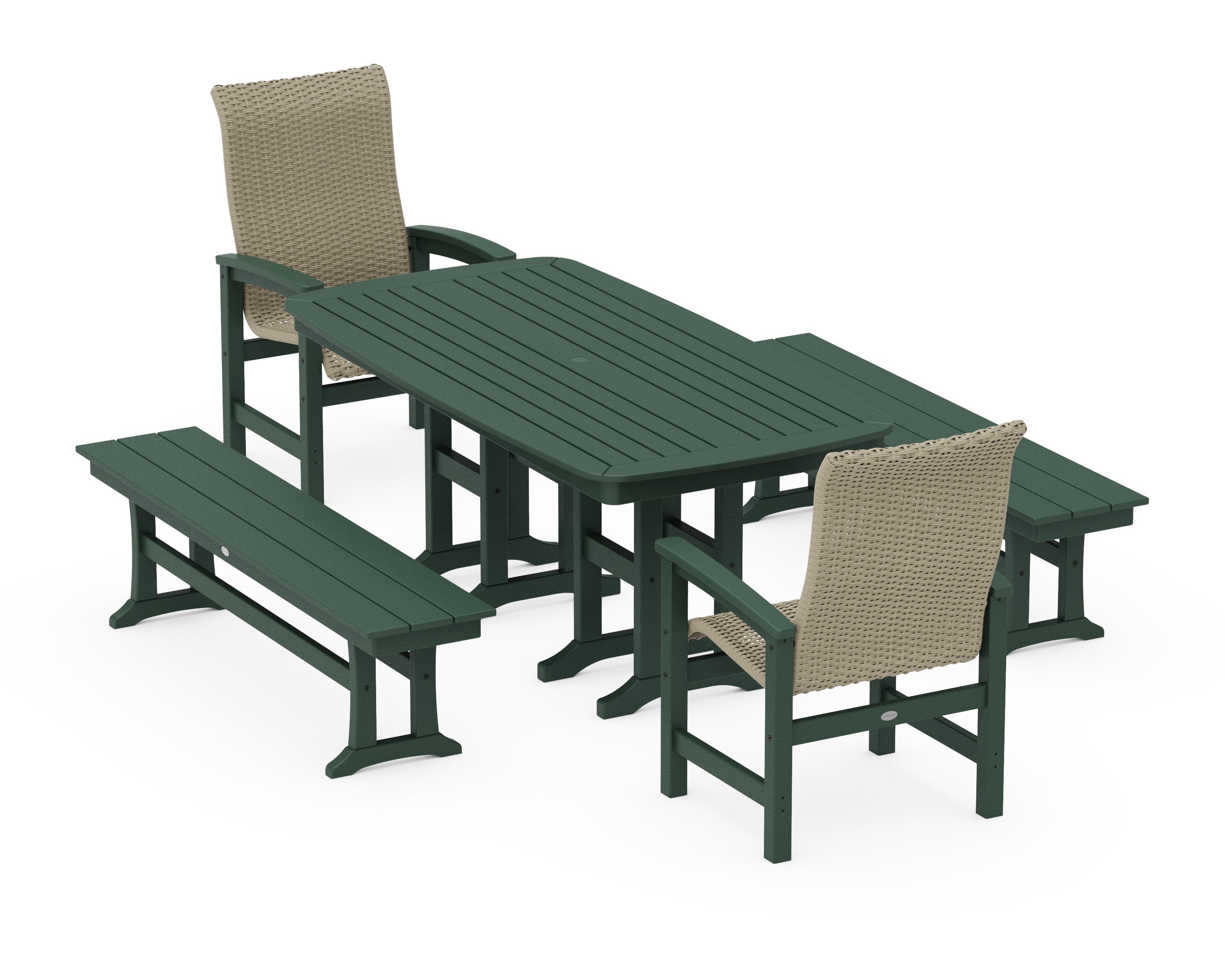Coastal Woven High-Back 5-Piece Dining Set with Benches in Green / Dune Grass