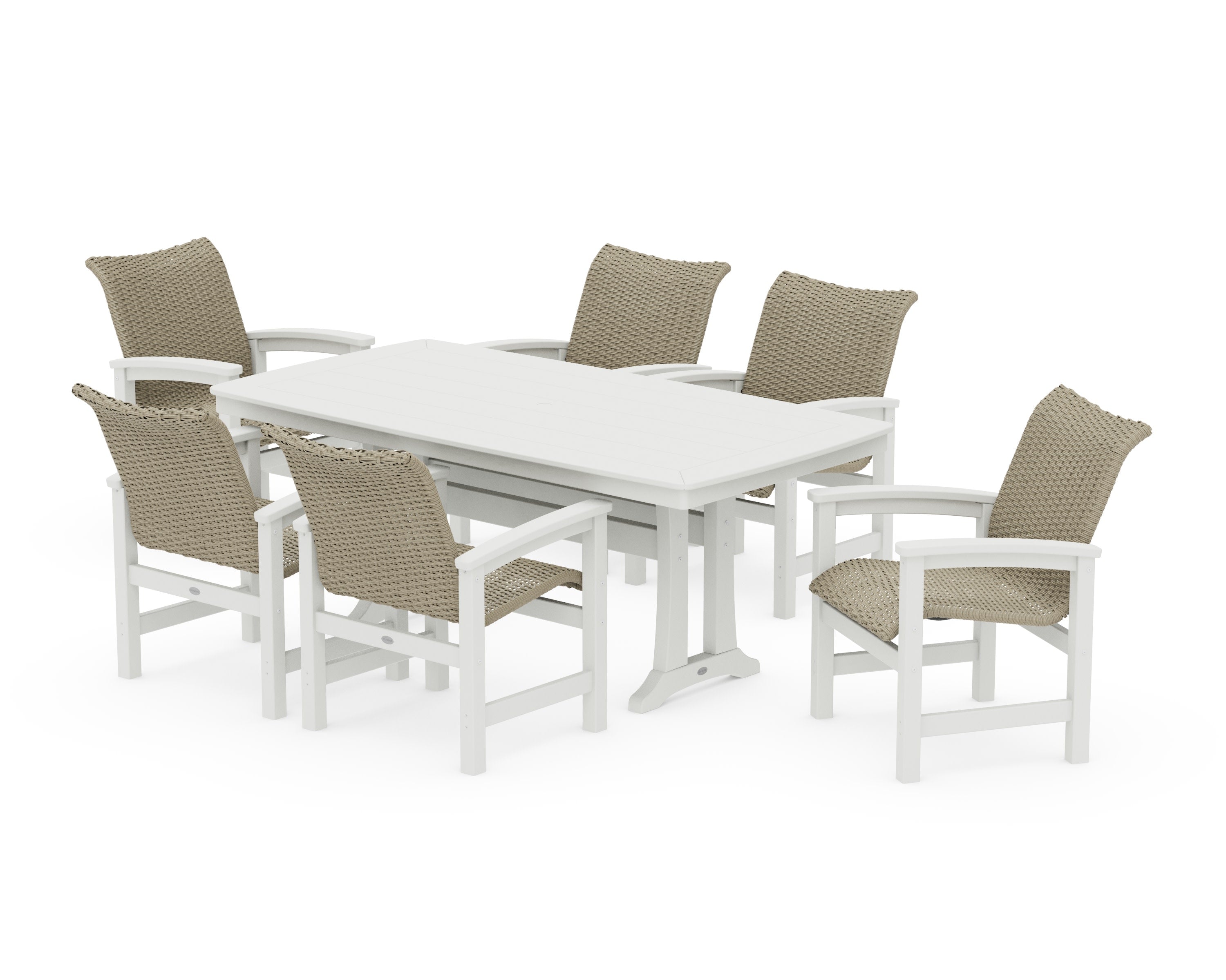 Coastal Woven Arm Chair 7-Piece Dining Set with Trestle Legs in White / Dune Grass