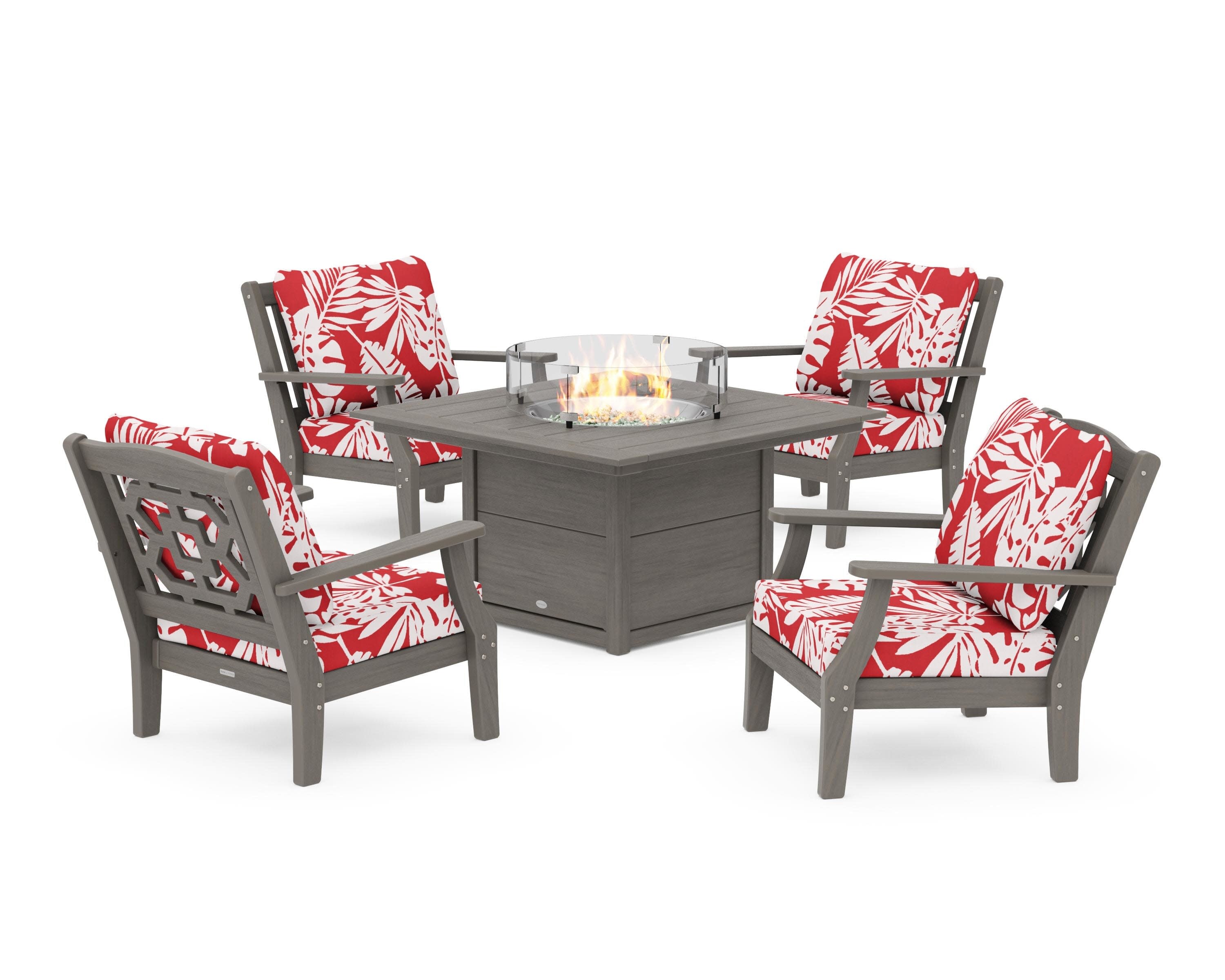 Chinoiserie 5-Piece Deep Seating Set with Fire Pit Table in Driftwood / Leaf Crimson