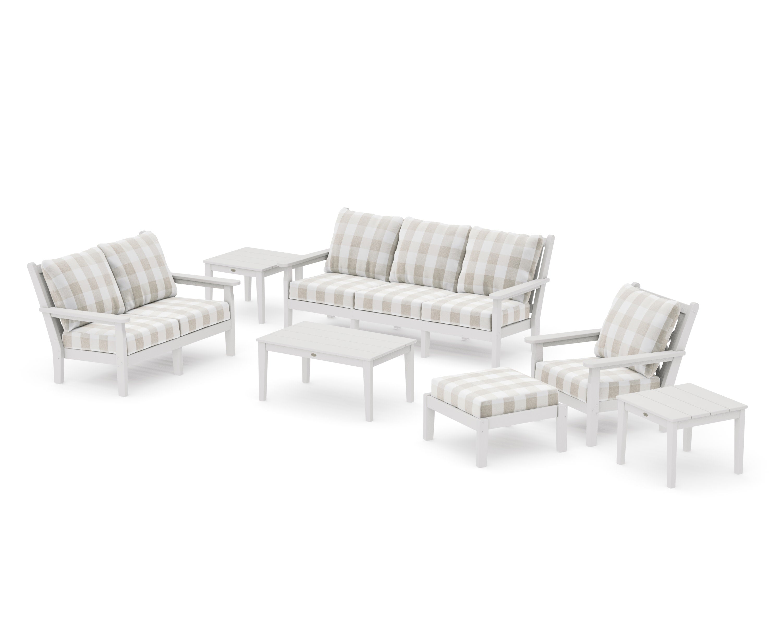 Chippendale 7-Piece Deep Seating Set in Vintage White / Buffalo Plaid Dune Burlap