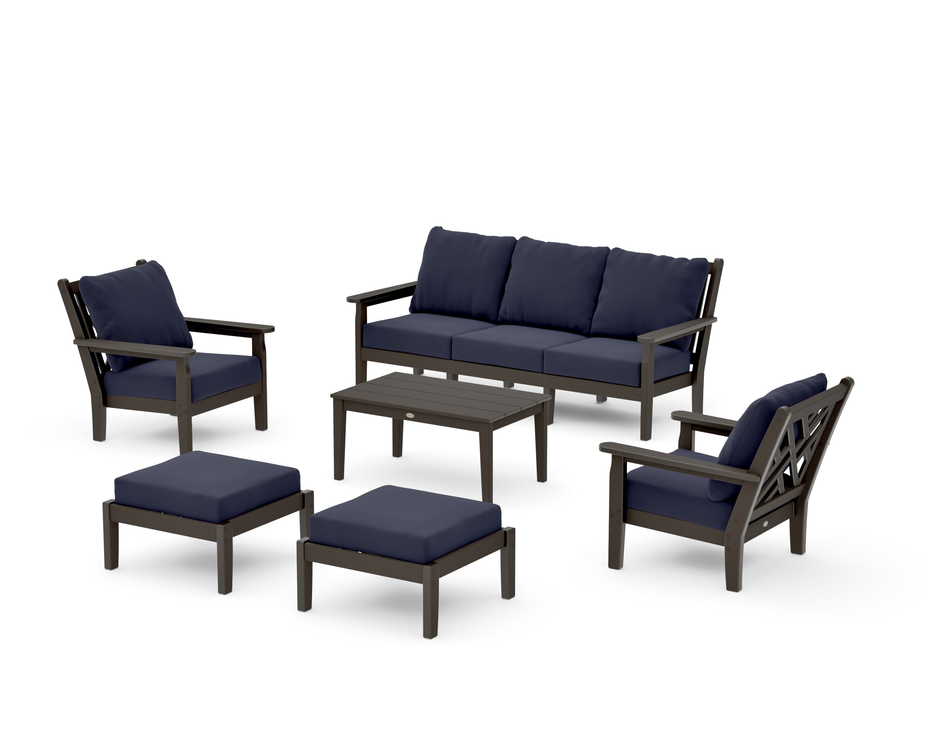 Chippendale 6-Piece Lounge Sofa Set in Vintage Coffee / Navy Linen
