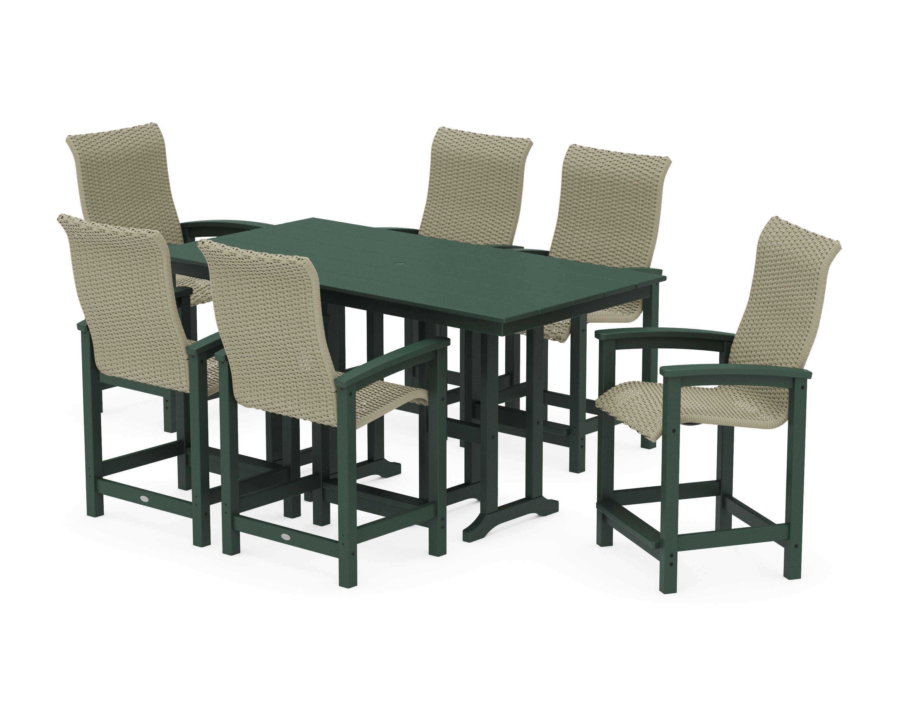 Coastal Woven High-Back Arm Chair 7-Piece Farmhouse Counter Set in Green / Dune Grass