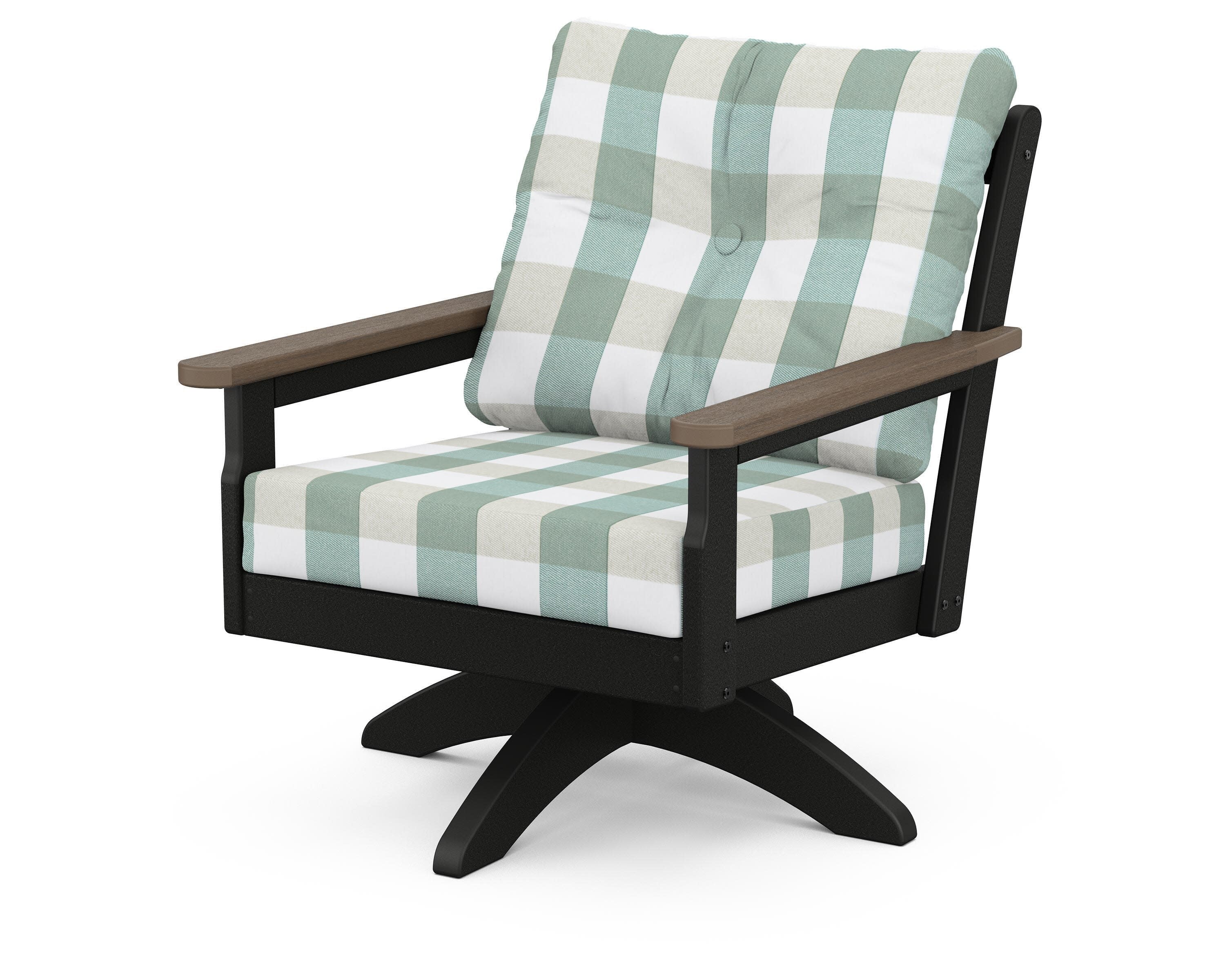Vineyard Deep Seating Swivel Chair in Black / Kona / Buffalo Plaid Glacier Spa