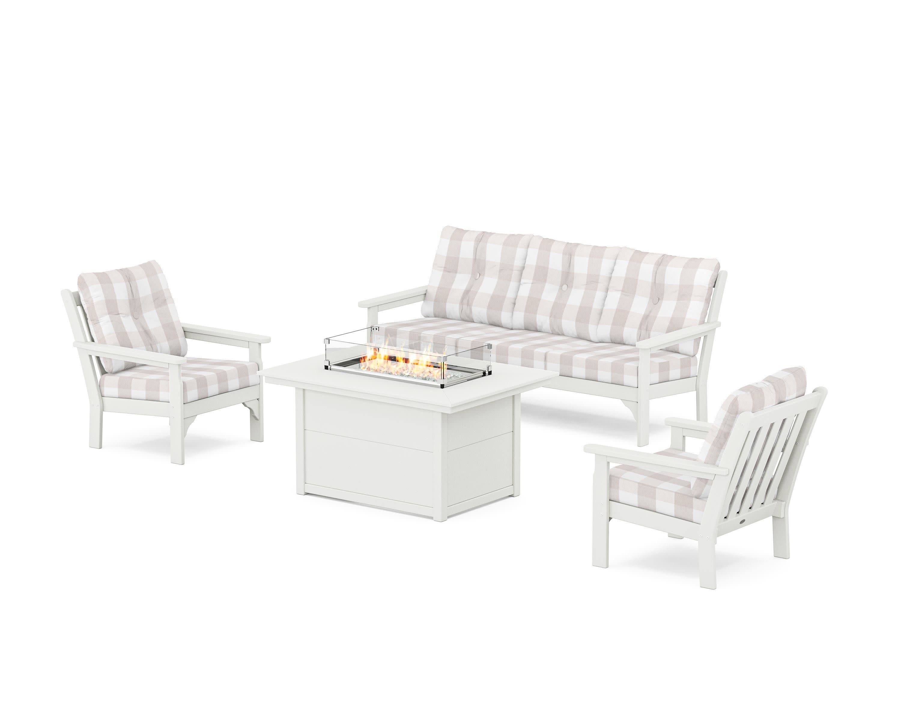 Vineyard Deep Seating Fire Pit Table Set in Vintage White / Buffalo Plaid Dune Burlap