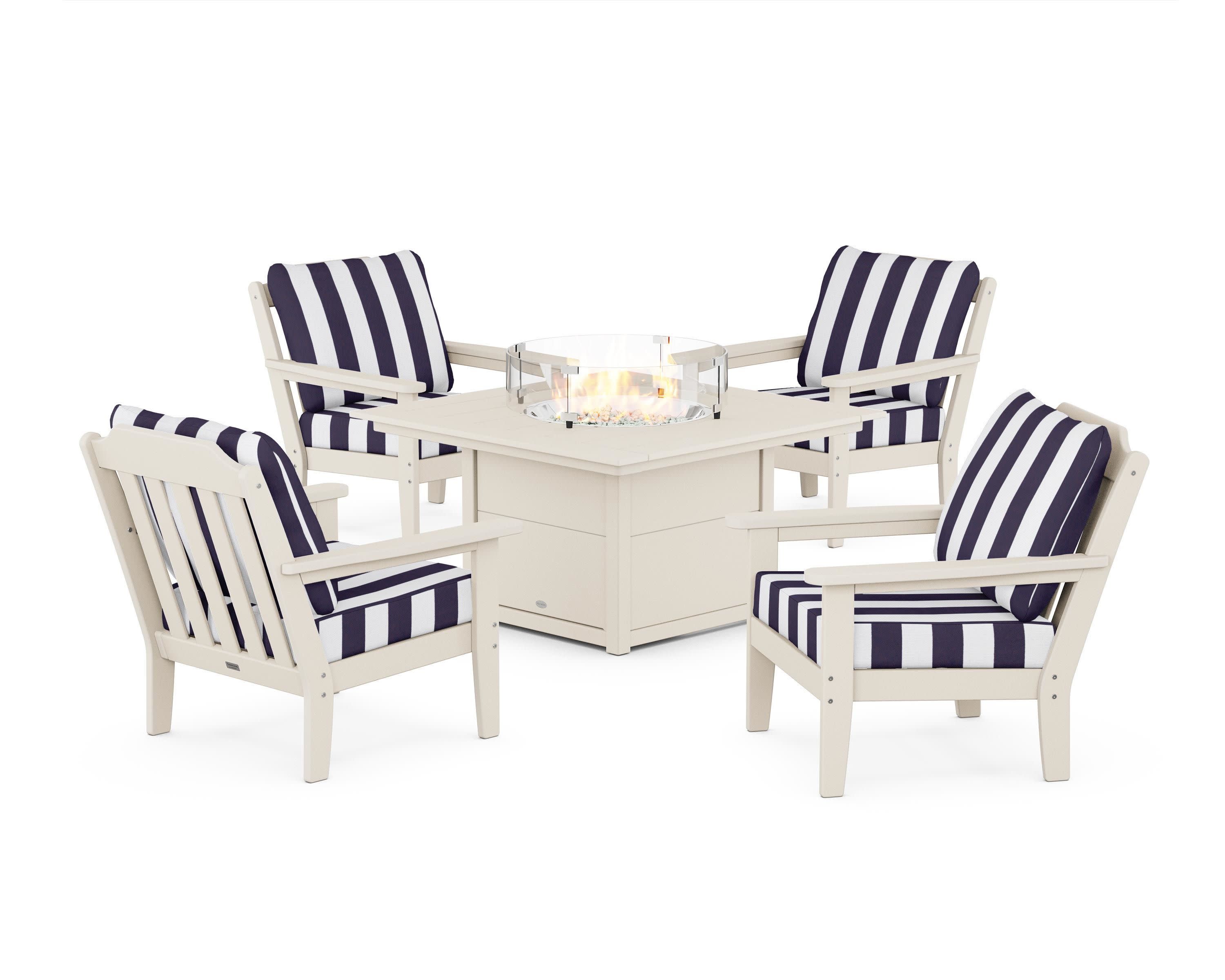 Cottage 5-Piece Deep Seating Set with Fire Pit Table in Sand / Cabana Stripe Navy