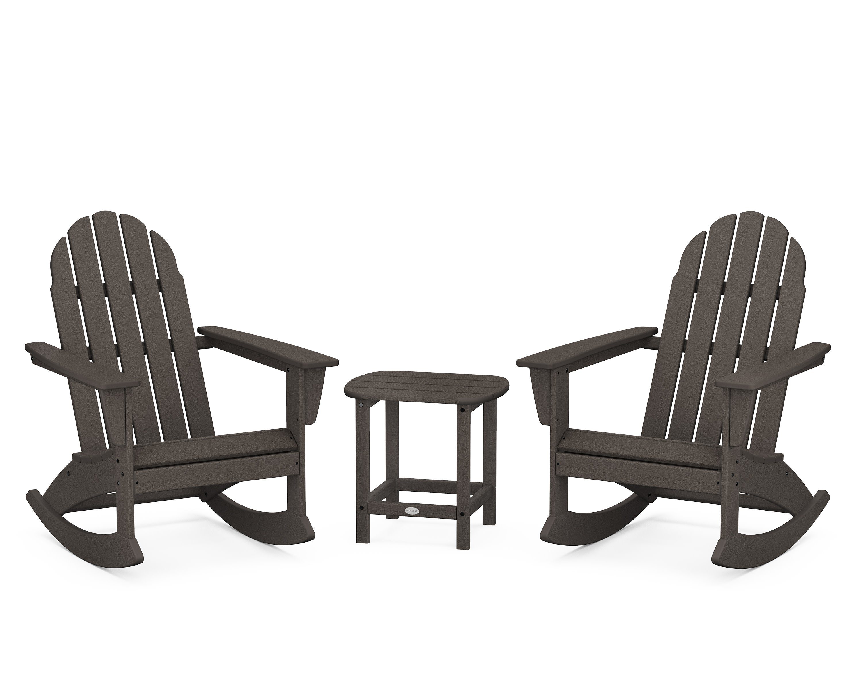 Vineyard 3-Piece Adirondack Rocking Chair Set with South Beach 18" Side Table in Vintage Coffee