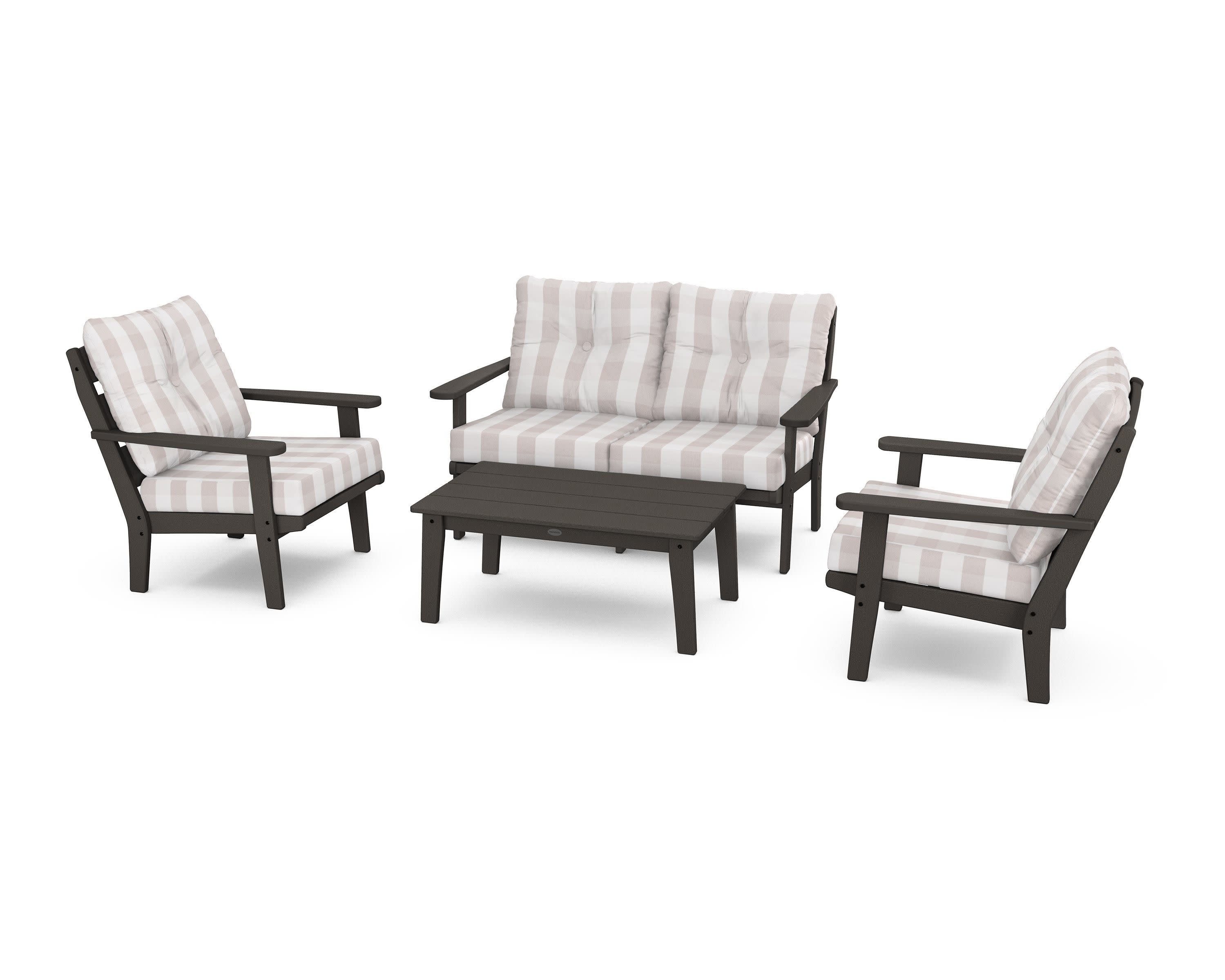 Lakeside 4-Piece Deep Seating Set in Vintage Coffee / Buffalo Plaid Dune Burlap