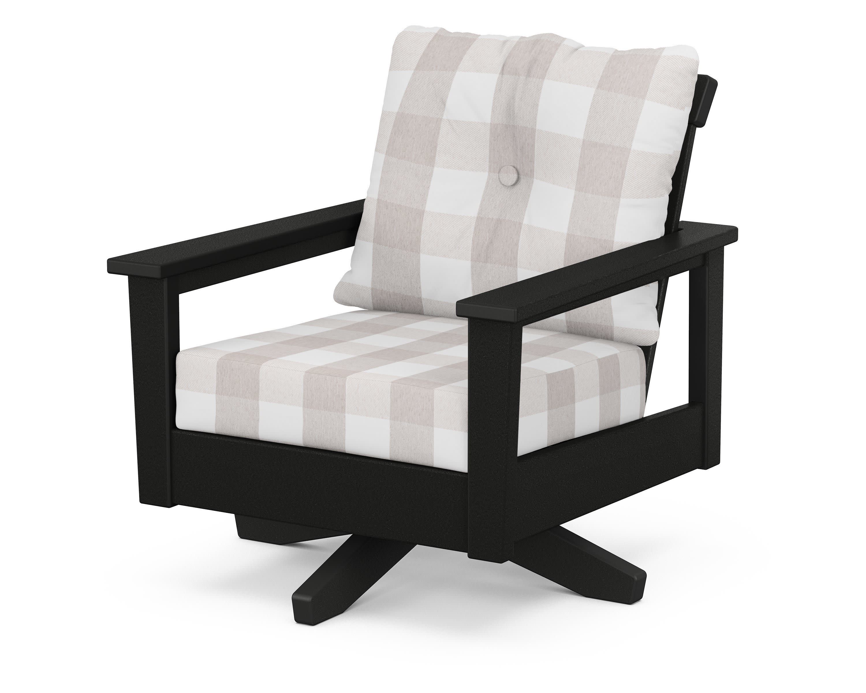 Prescott Deep Seating Swivel Chair in Black / Buffalo Plaid Dune Burlap