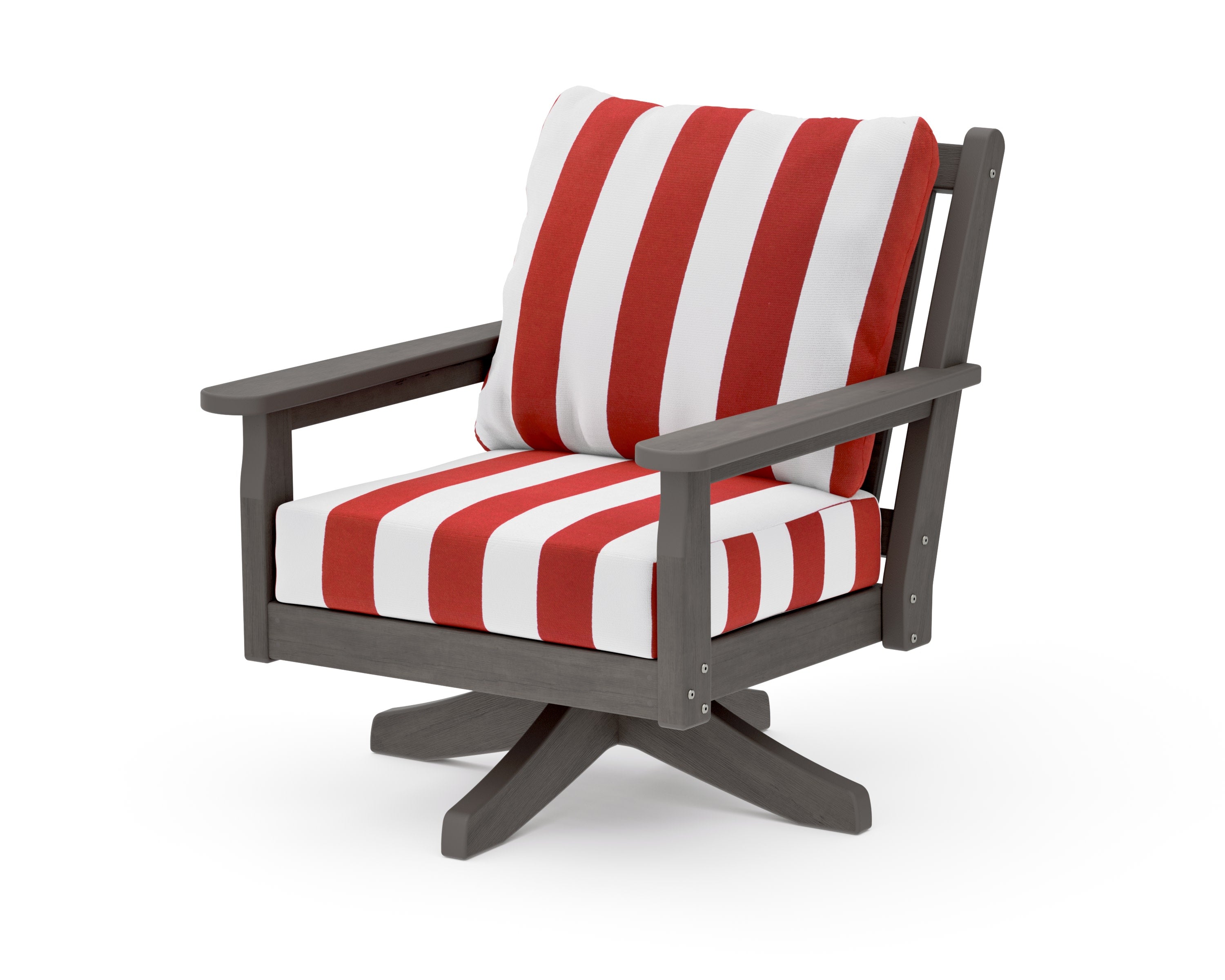 Chippendale Deep Seating Swivel Chair in Driftwood / Cabana Stripe Crimson