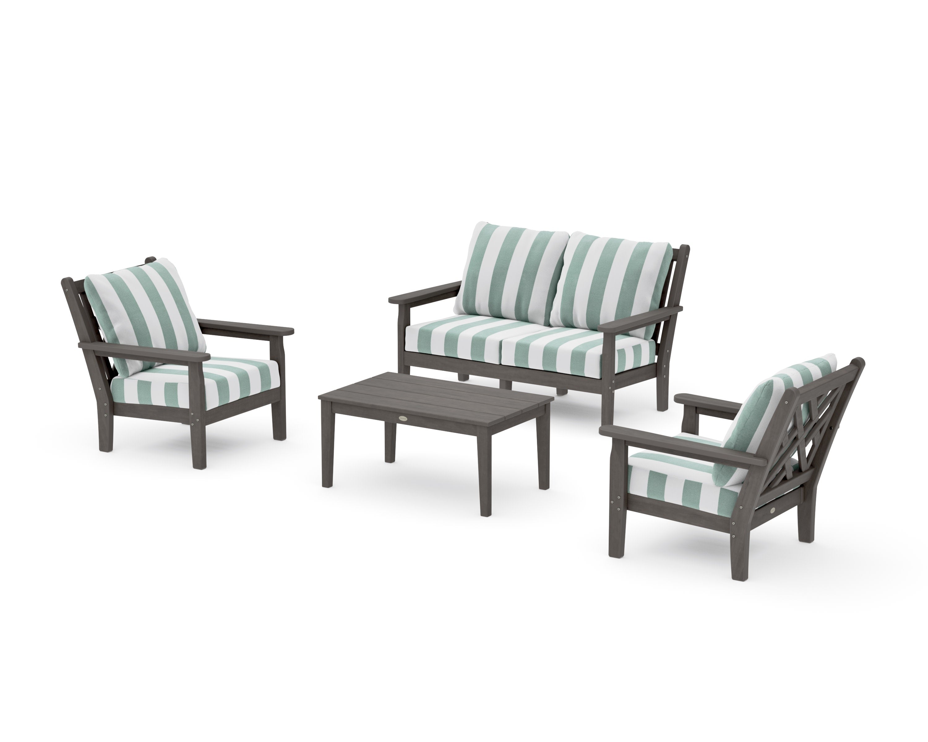 Chippendale 4-Piece Deep Seating Set with Loveseat in Driftwood / Cabana Stripe Glacier Spa